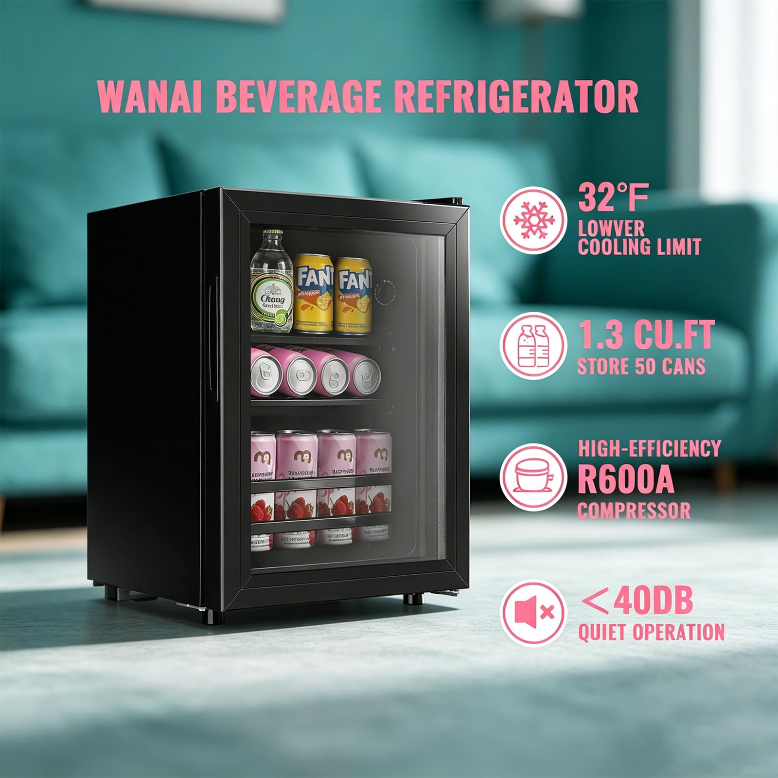 WANAI Beverage Refrigerator And Cooler With Glass Door - 45 Cans Capacity, 1.3 Cu.Ft Small Beer Fridge For Drinks, Soda, Wine - Mini Cooler With 7 Adjustable Temperature Control on Fridge.com - View 5
