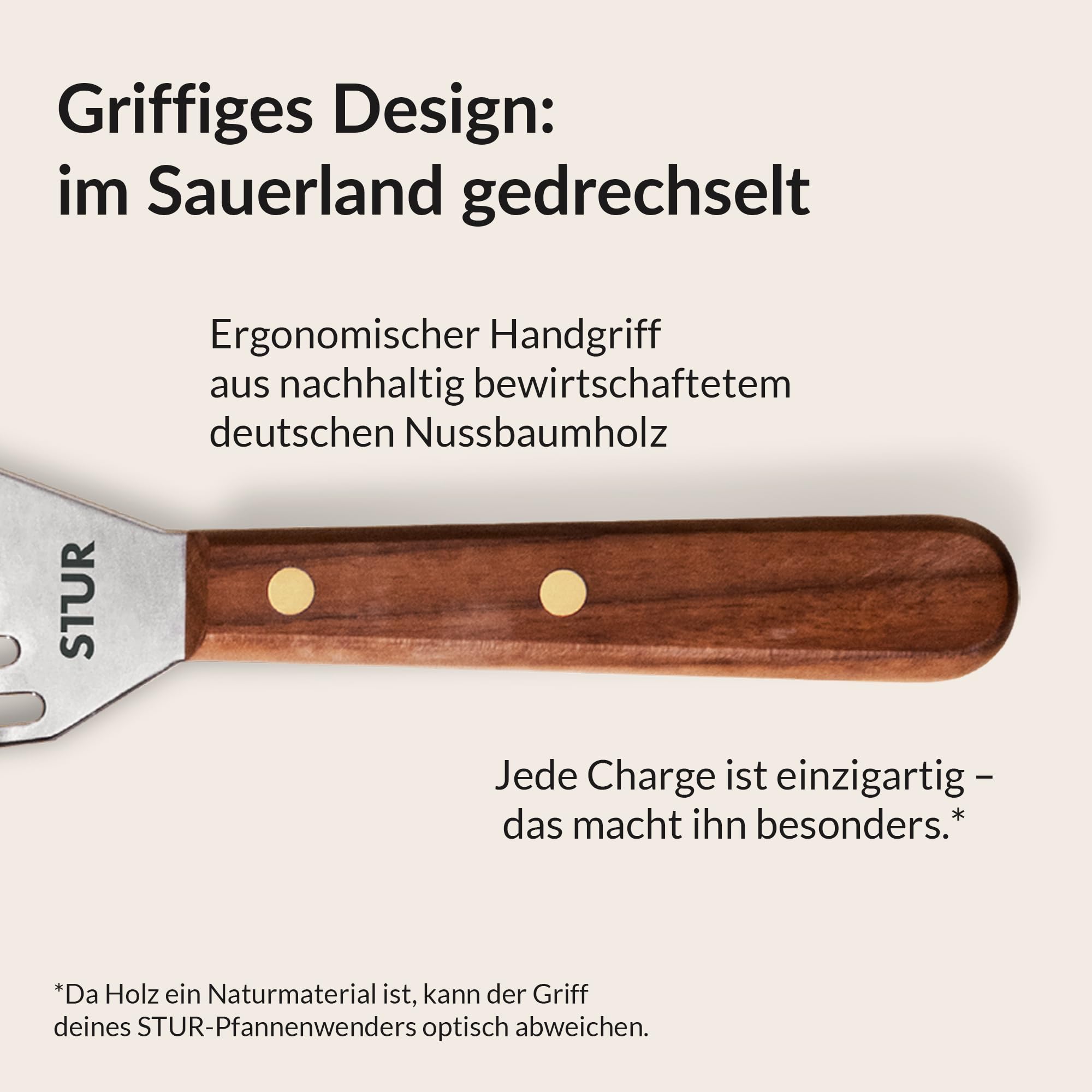 STUR Pfannenwender für Rechtshänder aus flexiblem & rostfreiem Edelstahl - Schlitzwender mit Nussbaumgriff optimiert für STUR Gusseisenpfannen - Dünner Bratenwender für sämtliche Speisen & Küche