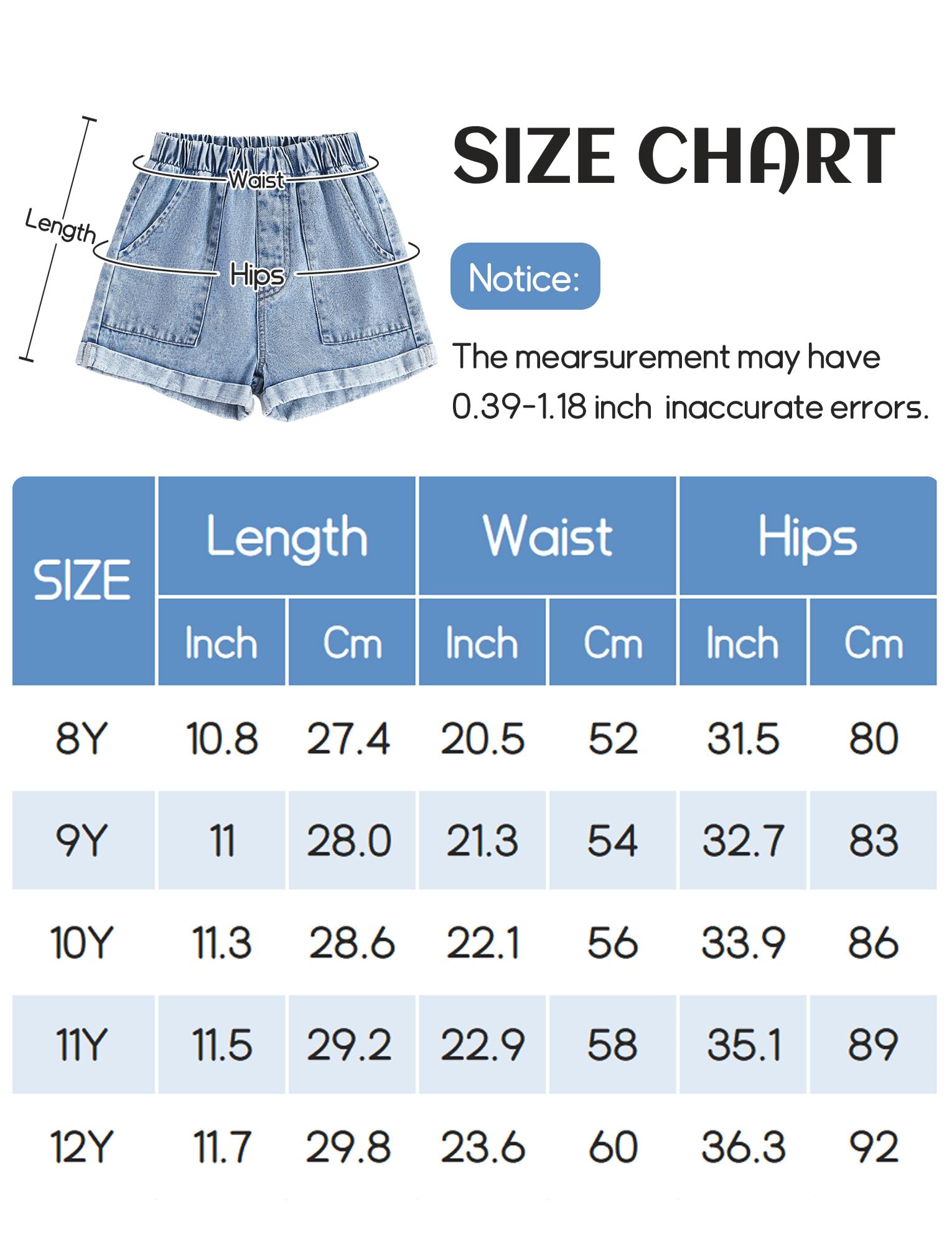 Happy Cherry Pantalones cortos de mezclilla de algodón elástico de cintura alta para niña, pantalones cortos de verano casuales con bolsillos para niños de 8 a 12 años