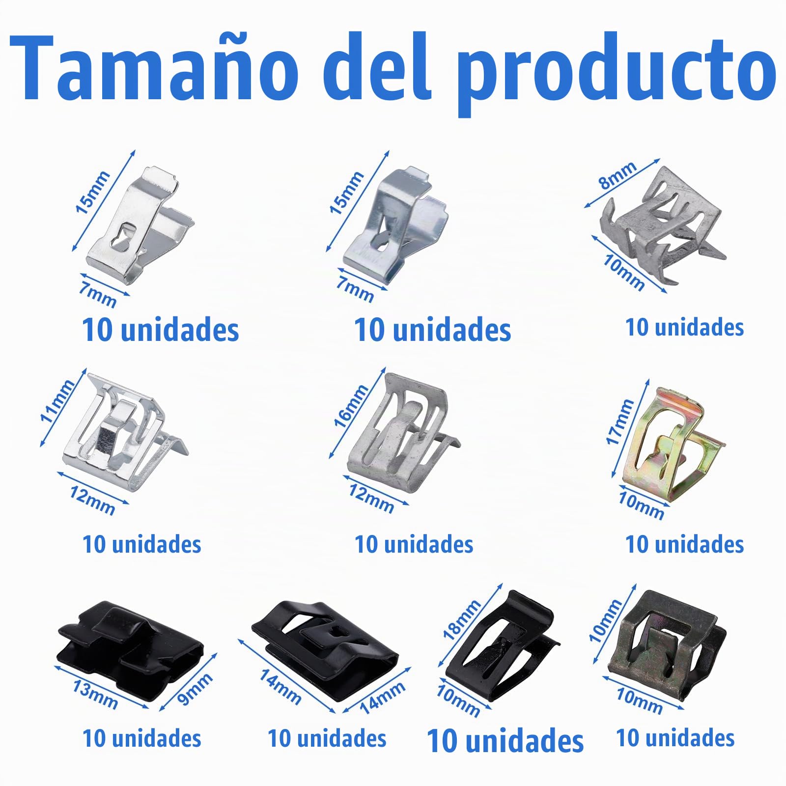 100uds Grapas Coche, 10 Tamaños, Clip en U para Automóvil Clip de Resorte para Panel de Moldura de Metal Clip de Moldura de Moldura Compatible con Beetle Touareg Jetta Atlas Cross Sport Etc.