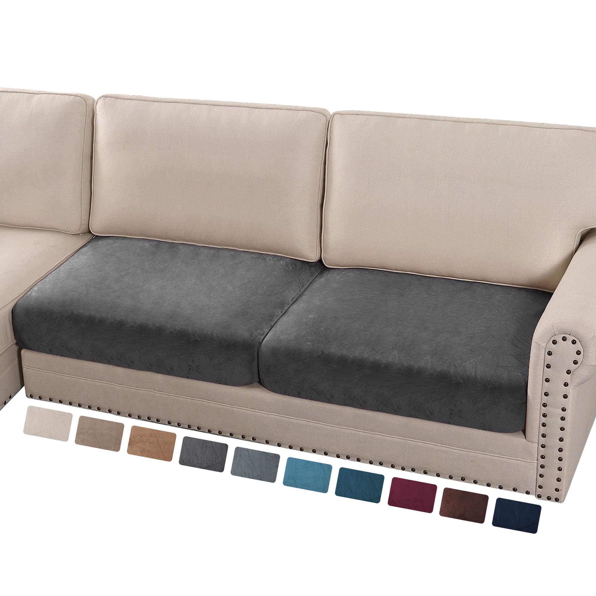 PrinceDecoCouch Cushion Cover Velvet Sofa Covers for 2 Cushion Couch Stretch Seat Cushion Covers with Elastic Bottom,Washable Sectional Couch Seat Covers(2 Piece XL Cushion Covers, Grey)