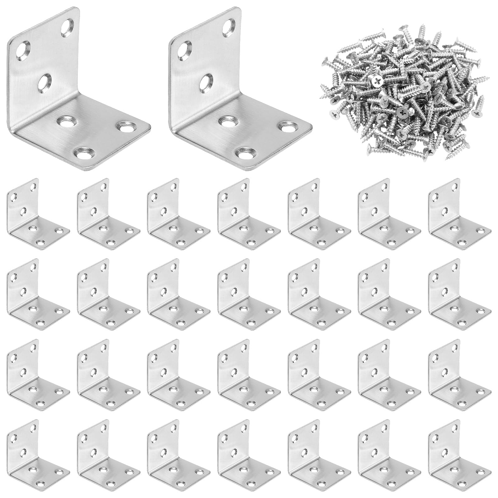 CHEUNGR 30 Pcs Corner Bracket, 40 x 40 x 40 x 2mm Stainless Steel Right Angle Corner Brace with 180 Screws, L Shaped 90 Degree Metal Bracket for Wood Furniture