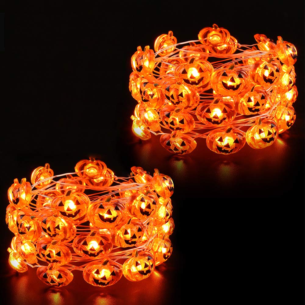 Halloween Pumpkin Lights, 2 Packs 13.5ft 40 LED Battery Operated Led Pumpkin String Lights, Waterproof Orange String Lights for Indoor/Outdoor, Wedding, Bedroom, Home, Window, Halloween Decorations