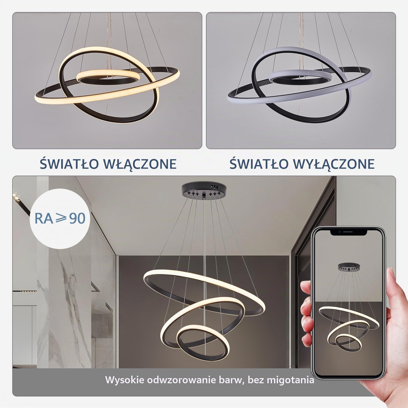 YOODI Lampa Wisząca LED Do Jadalni Regulacja Jasności Za Pomocą Pilota I Aplikacji 50+35+20cm 3 Pierścienie świetlne 45W 3000K–6000K Nowoczesna Lampa Wisząca LED Maksymalna Wysokość 150cm