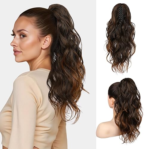 Miniatura 14 de FLUFYMOOZ Extensión de cola de caballo, extensión de cola de caballo con clip de garra de 18 pulgadas, extensiones de cabello ondulado y rizado