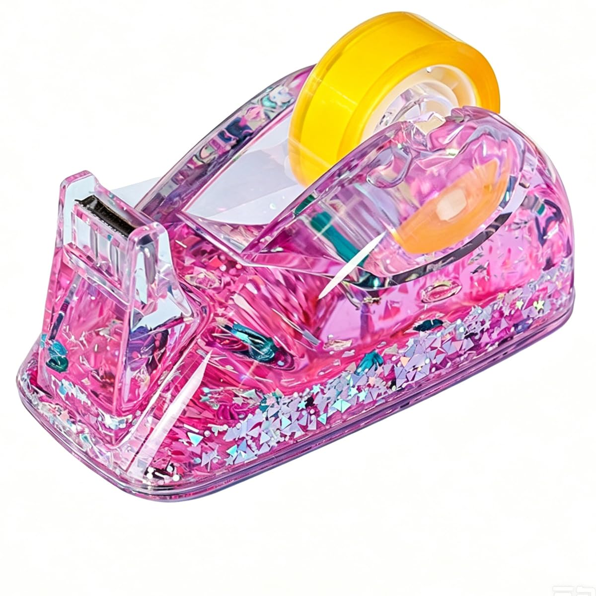 Clear Liquid Glitter Tape Dispenser, Cute Ocean Style Quicksand Tape Holder with Floating Sequins, Transparent Desk Tape Cutter for Office Stationery Decor (Pink)