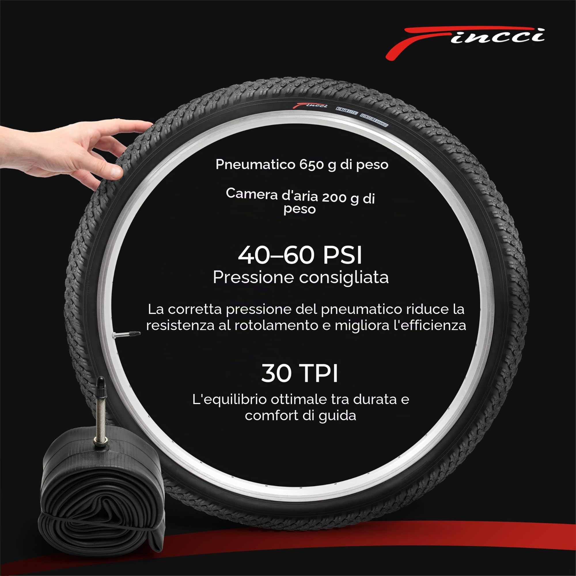 Fincci Copertoni MTB 26 x 2.1 Pollici 57-559 Set Coppia Pieghevole Pneumatici bici 26 con 2x Cameras d Aria Valvola Interna Presta per Mountain Bike, Bici Corsa, Bicicletta Elettrica - Confezione da 2