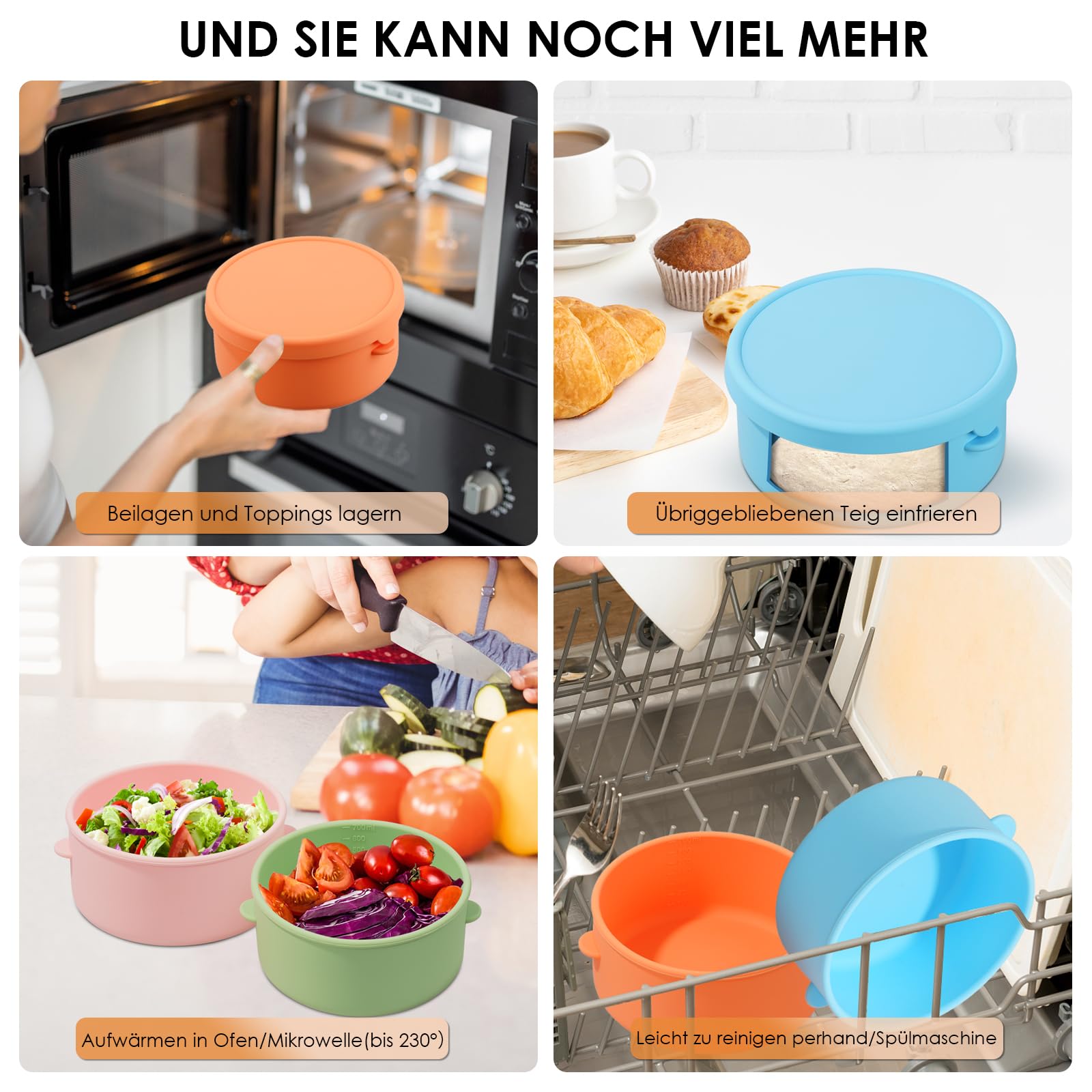Pizzaballenbox 4 Stück, 700ML Pizzaballenbox mit Deckel, Pizza Box aus Antihaftendem, Silikon-Pizzateig-Kugel-Gärbehälter Teigschale für Home Kitchen Restaurant Bunt