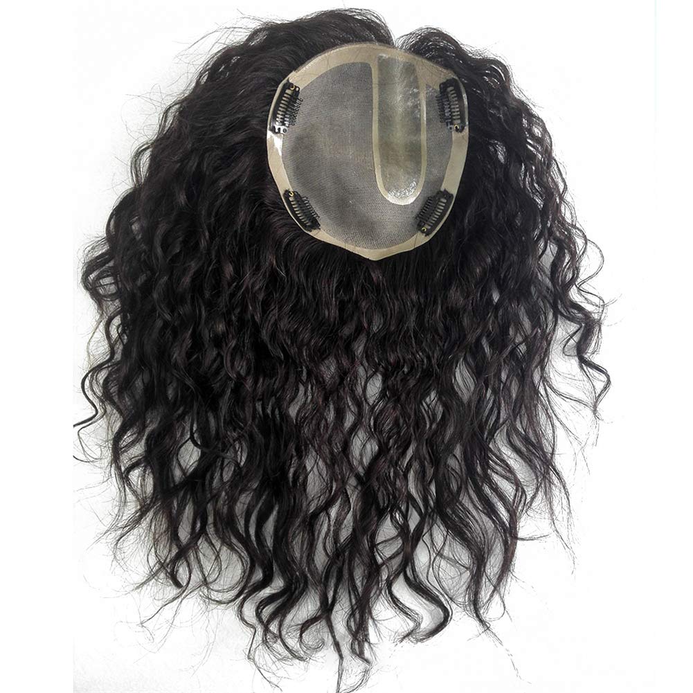 Parrucca con clip per capelli umani ricci, 14 x 16 cm, con corona a sinistra, per donne, colore nero sporco 25,4 cm