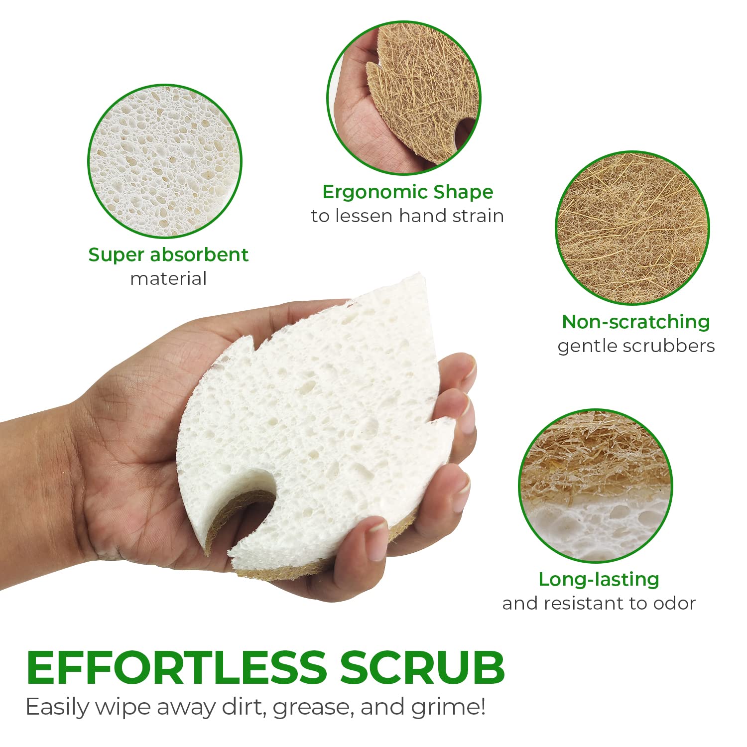 Spugna da cucina naturale biodegradabile, compostabile, in cellulosa e noce di cocco, confezione da 6 spugne ecologiche per piatti