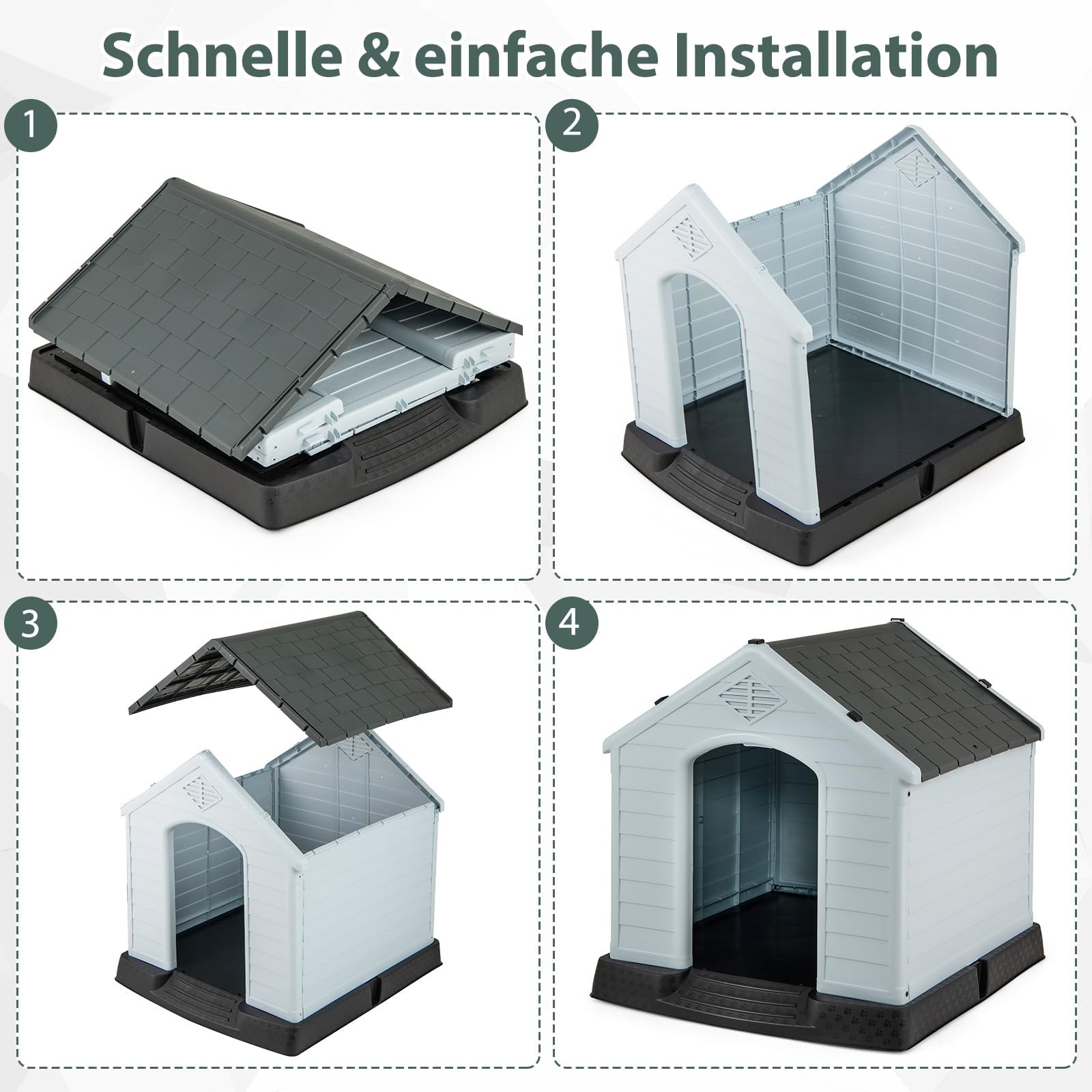 FANTASK Cuccia per cani per esterni, in plastica, con fondo rialzato e tetto impermeabile, impermeabile, per giardino, interni ed esterni, 70 x 65 x 71,5 cm, colore: grigio