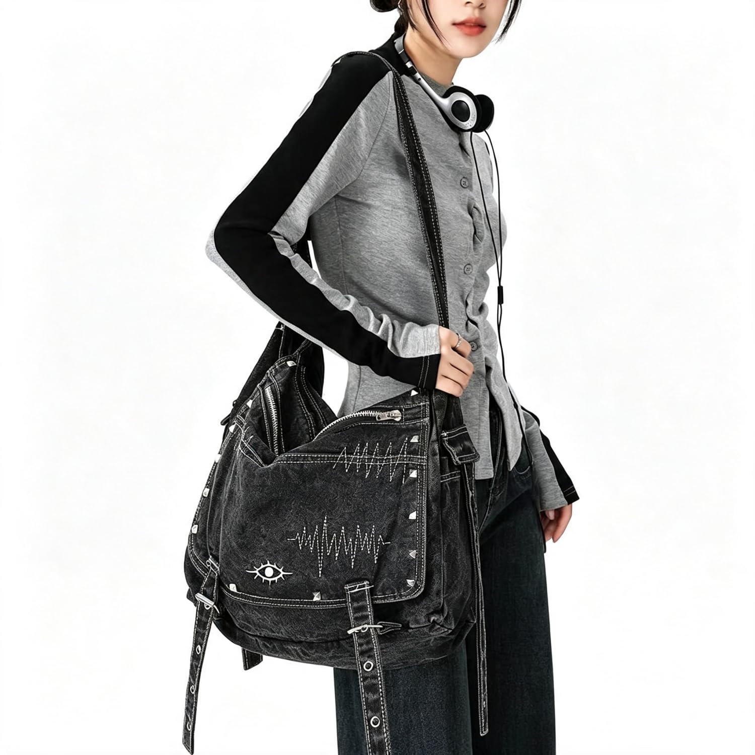Generico Borsa Denim A Spalla, Borsa Hobo Da Donna Di Grandi Dimensioni In Tela Effetto Vissuto – Indossabile A Spalla O A Mano – Caratterizzata Da Borchie In Stile Punk Y2K