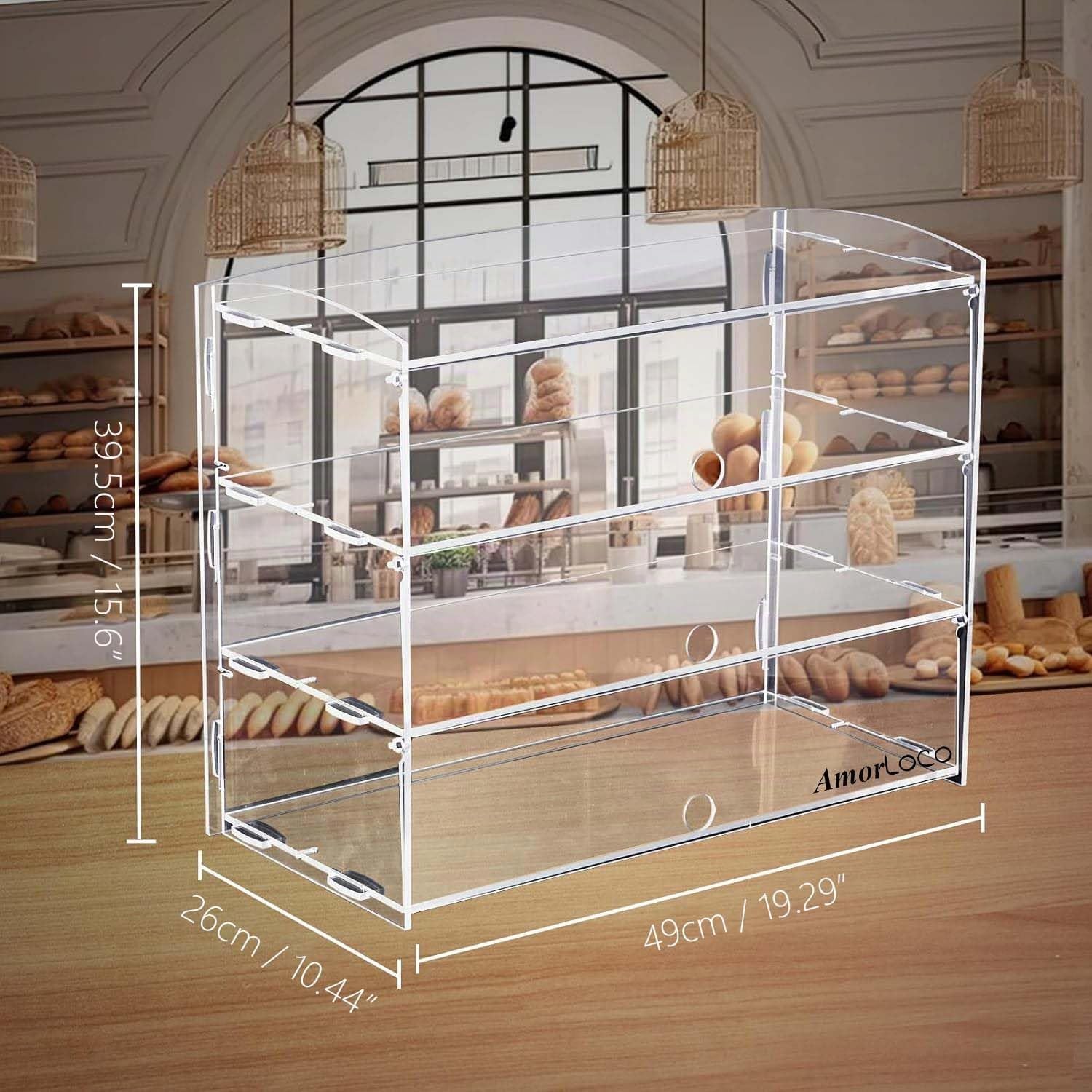 AmorLoco Vitrina 3-niveles para panadería, pastelería, vitrina acrílica transparente, gabinete comercial, sándwiches, pan, caja de donas, queso, galletas, organizador