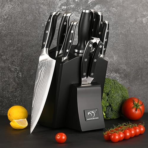 Miniatura 6 de Damasco - Juego de cuchillos de cocina con bloque, acero Damasco VG10 con mango de triple remache incluido cuchillo de chef, Santoku, utilidad, pan,