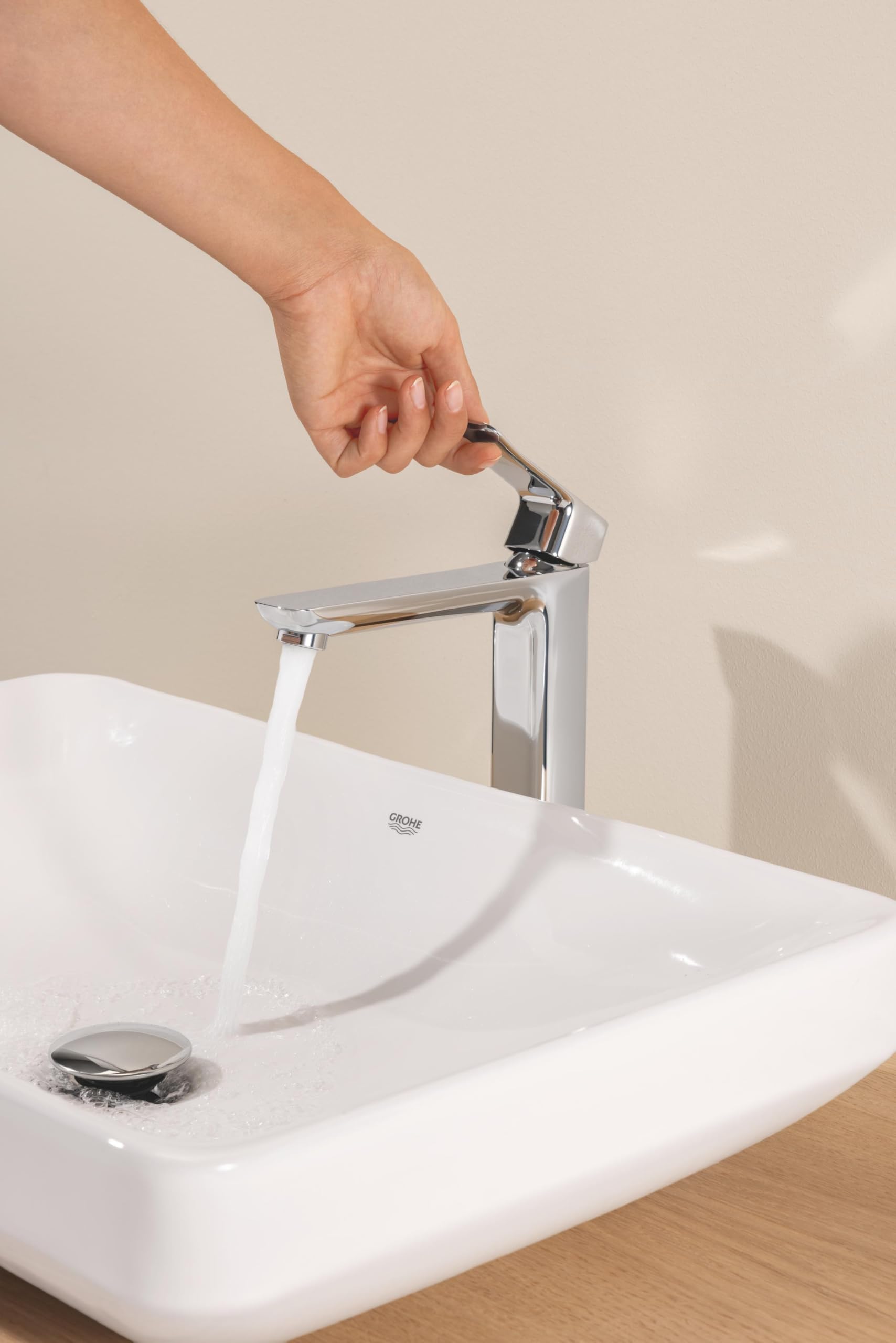 GROHE Dice Rubinetto miscelatore a corpo liscio per lavabo da appoggio (XL-Size 270 mm, cartuccia ceramica 28 mm, risparmio idrico, facile da installare), cromo, 1018920000