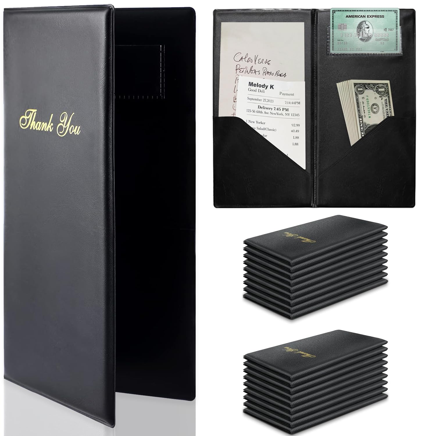 20 Pack Check Presenters for Restaurants 10"x5.5" Check Presenters for Servers PVC Leather Guest Check Card Holder with Gold Thank You Imprint Black Guest Checkbook for Restaurants Cafe Bar Eatery