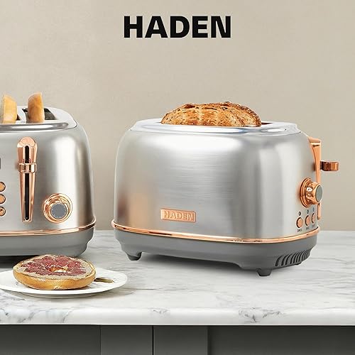 Miniatura 7 de Haden Heritage - Tostadora de acero inoxidable de 2 rebanadas de ranura ancha con control de tostado ajustable y pies antideslizantes, acero y cobre