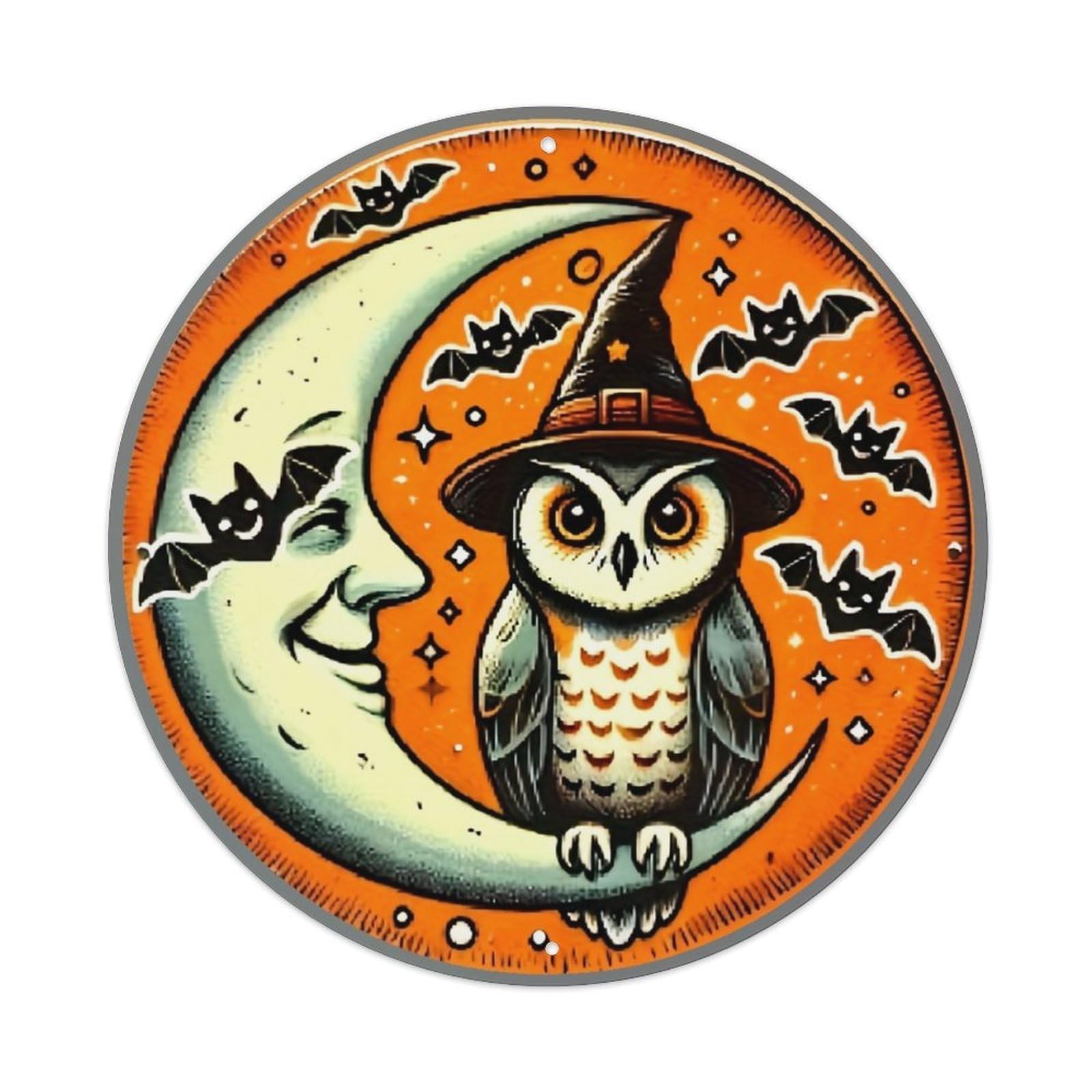 Halloween Owl Witch Hat Moon Vintage Metal Tin Sign Retro Wall Decor for Home Bar Garage Cafe, Indoor & Outdoor Decorative，circle Metal Poster, 8x8 Inch