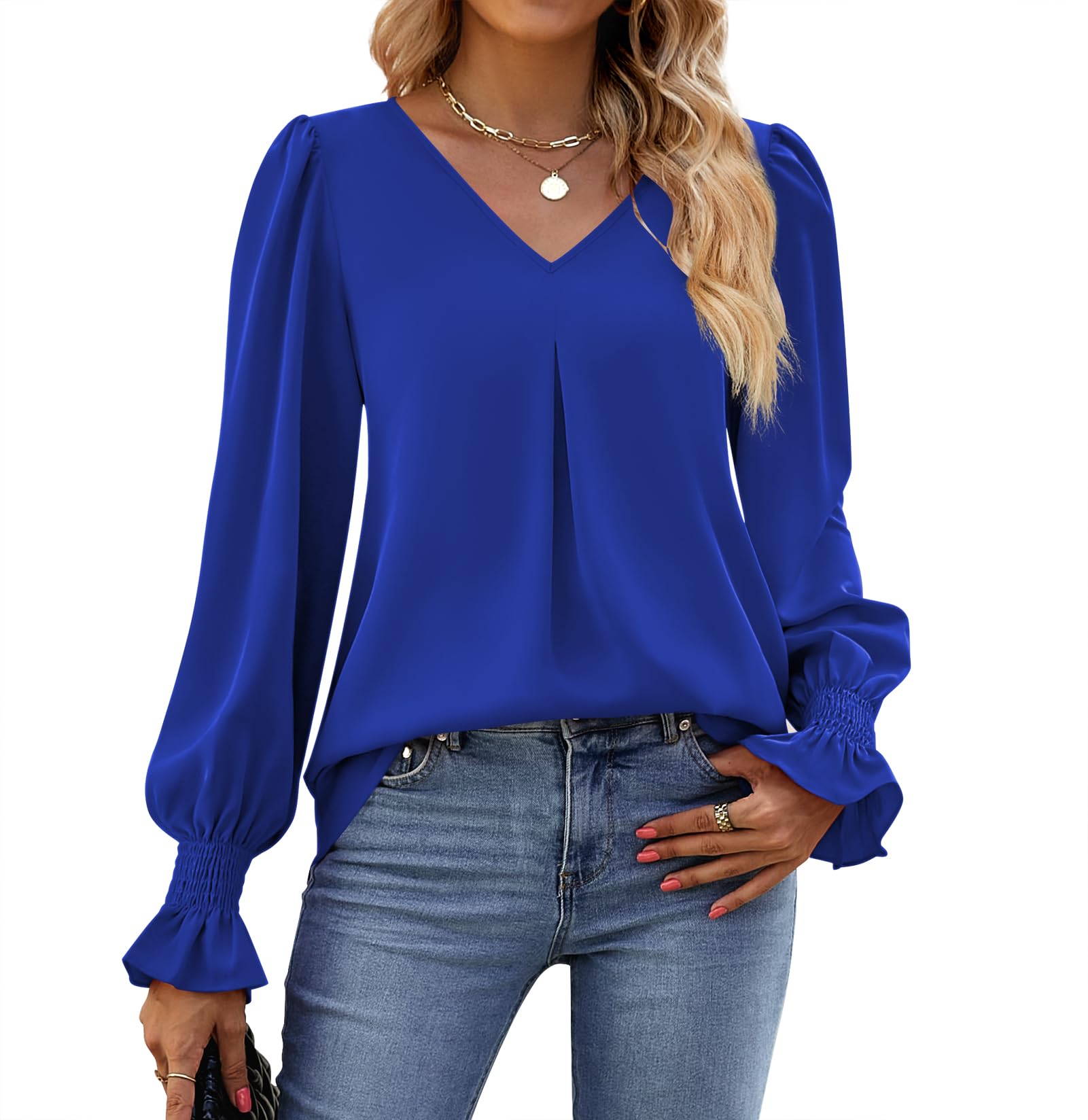 Funlingo Women's 2025 Long Sleeve Tops Dressy Casual V Neck Tunic Shirts Loose Chiffon Work Blouse