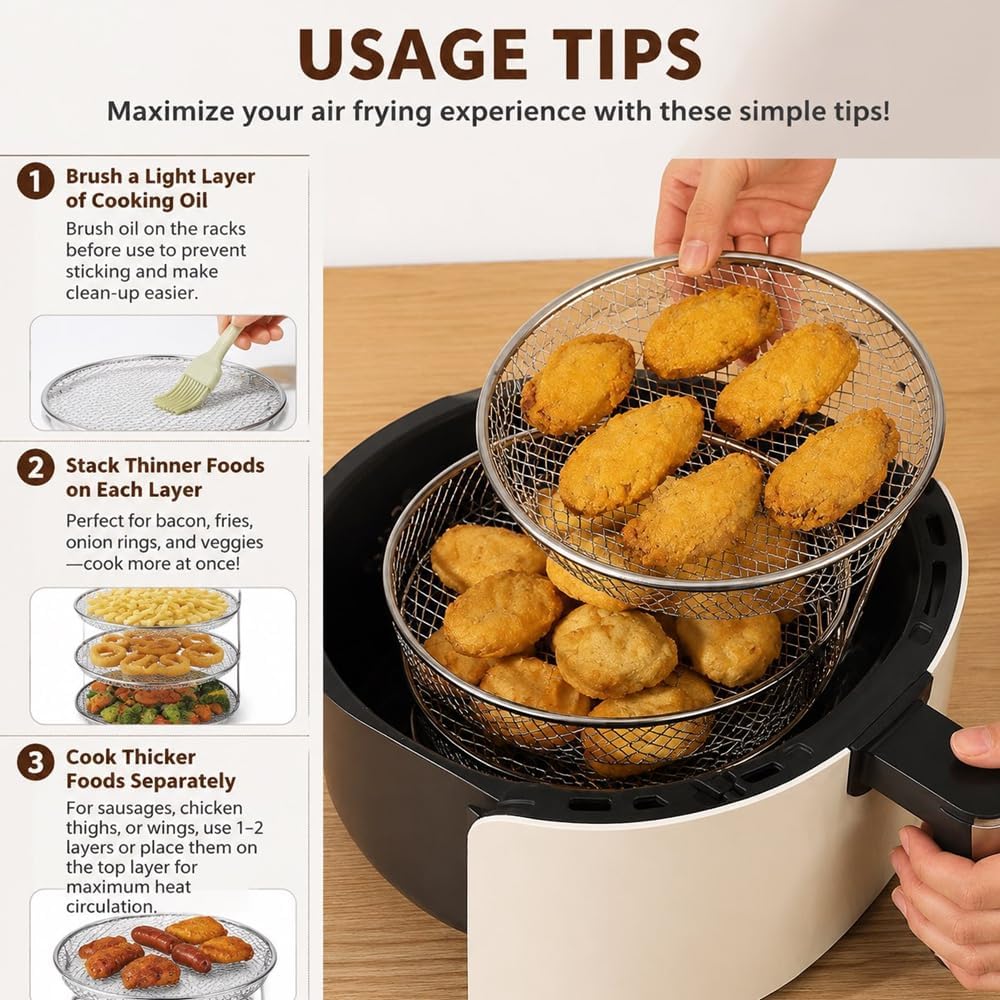 3-Pack Round Air Fryer Racks, 4cm High Legs, 304 Stainless Steel, 7.5 Inch