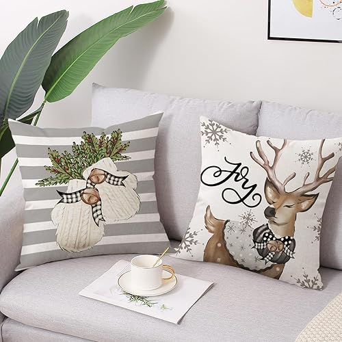 Miniatura 4 de Gujiahone Juego de 4 fundas de almohada decorativas de Navidad, muñeco de nieve, reno, alegría, rayas grises, decoración de Navidad, funda de cojín