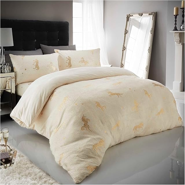 GC GAVENO CAVAILIA Teddy Fleece Bedding Set Kingsize, Shiny Unicorn Duvet Cover, Soft & Cozy Warm Quilt Cover, Cream