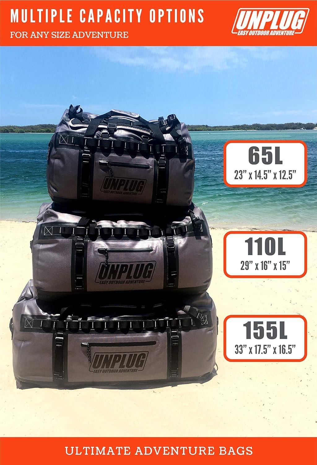 Unplug Reisetasche Damen groß, Sporttasche rucksackfunktion, Duffle Bag Herren, Reisetasche 100l 90l, Reisetasche mit rucksackfunktion, wasserdichte Taschen für Boote (65L Sturmgrau)