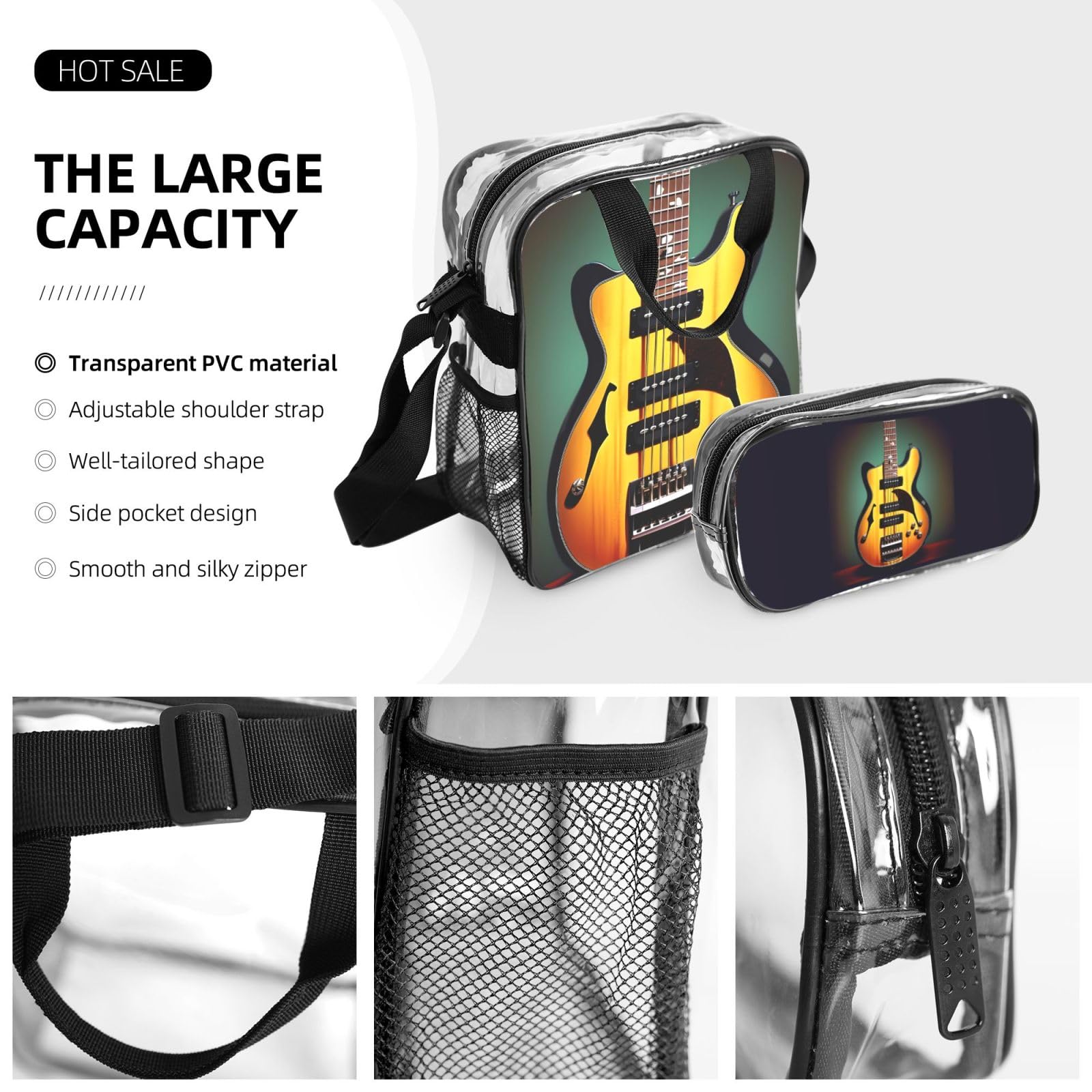 Gitara basowa muzyka instrumenty muzyczne nadruk kobiety mężczyźni dzieci przezroczysty plecak zestaw szkoła podróż przezroczysty 3-częściowy pojemnik na lunch