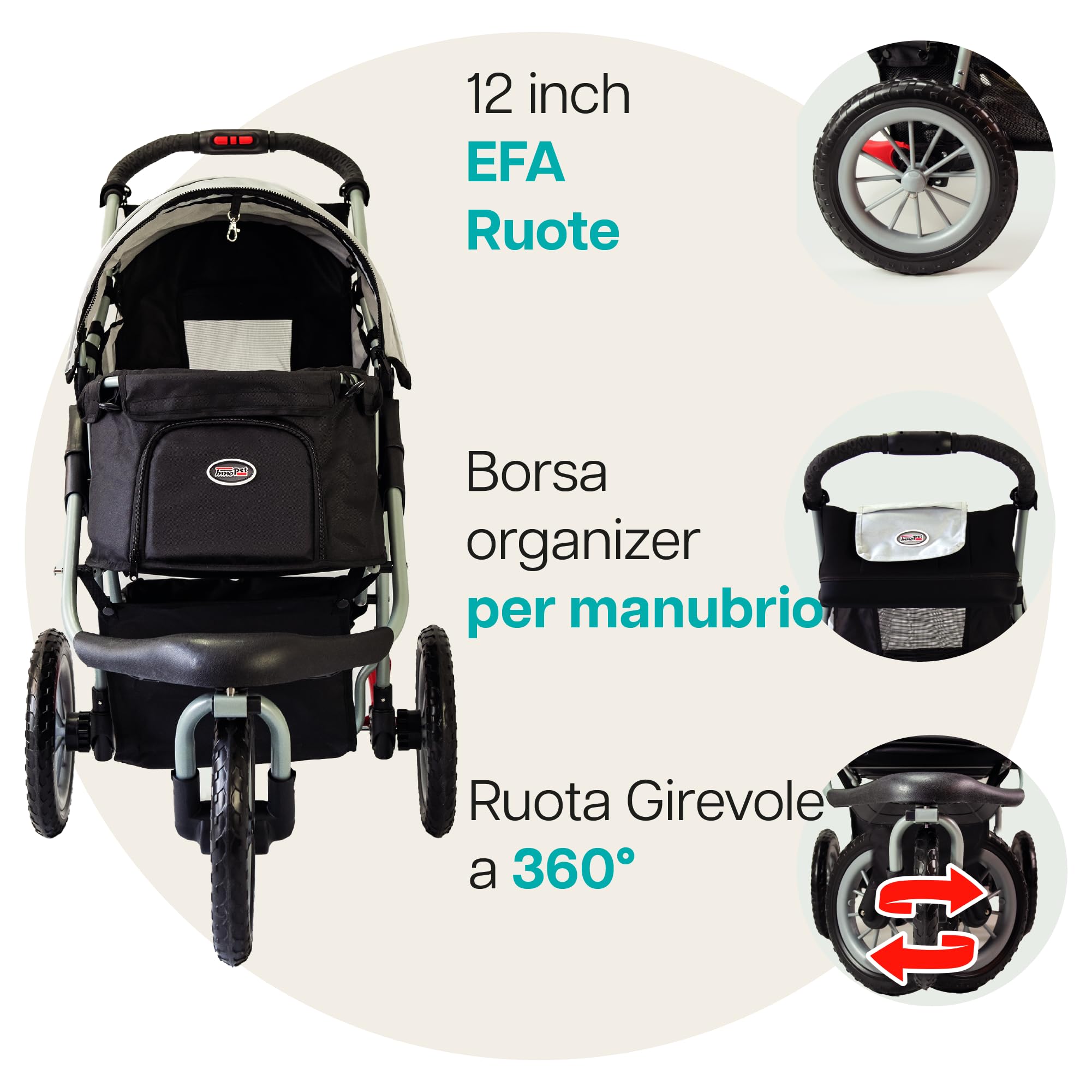 Innopet Comfort Efa Eco Nero/Argento - Passeggino per cani e gatti pieghevole con una sola mano, ruote antiforatura, capacità di 25 kg - Cestello portaoggetti e design a 3 ruote facile da installare