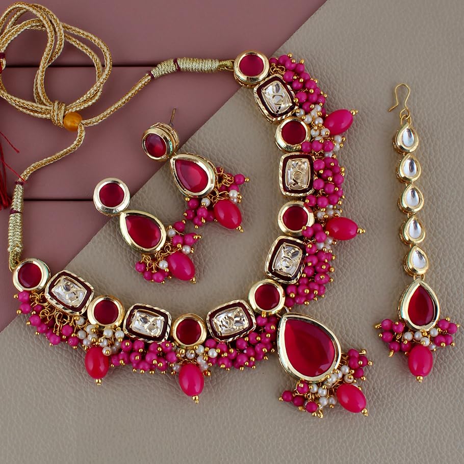 Image of Lucky Jewellery Meenakari 18k Gold Plated Tika Earring Combo Uncut Big Faux Kundan Choker Necklace set
