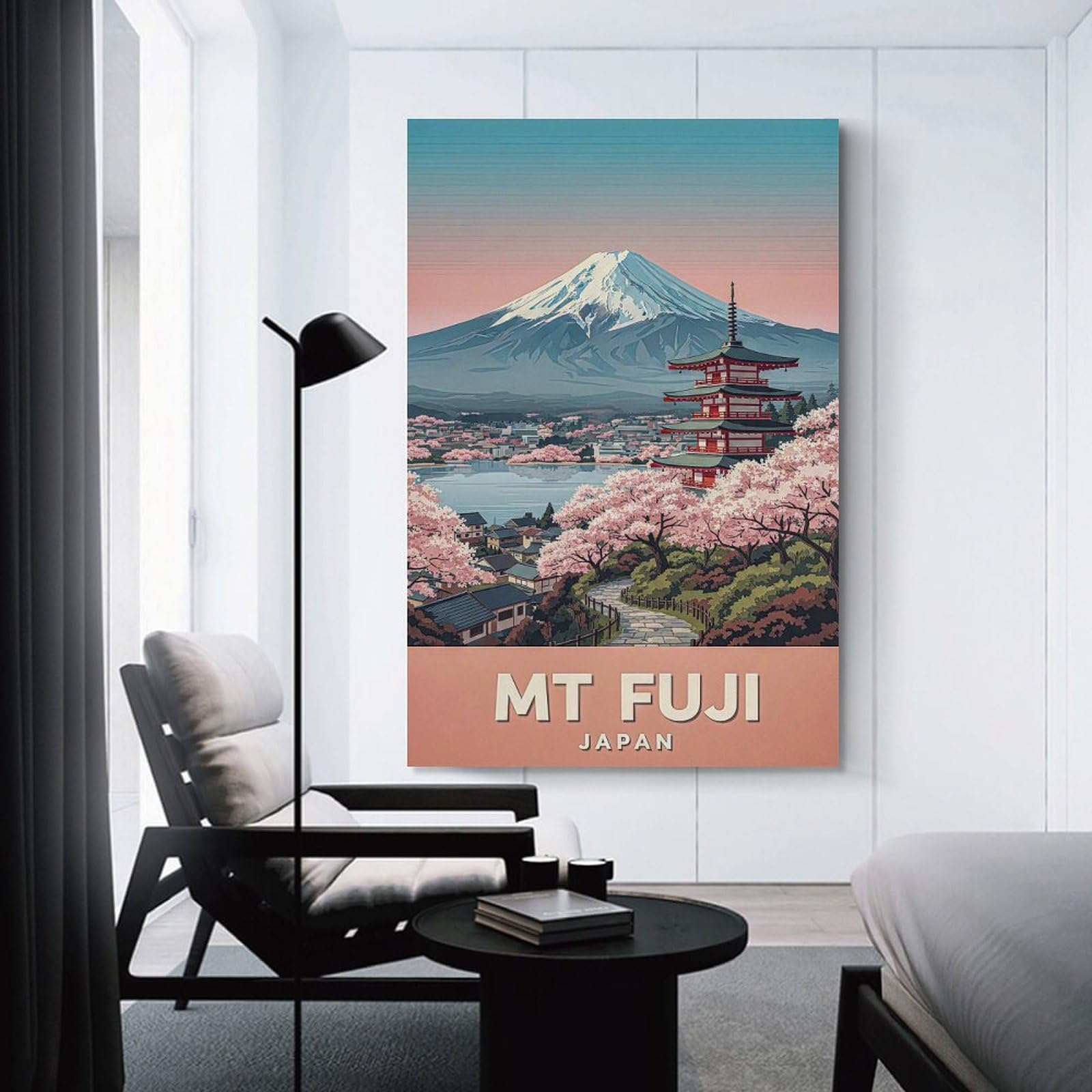 Junmoney Wall Art Print Mt. Fuji with Pagoda And Cherry Blossoms, 20x30inch(50x75cm), for Bedroom Decor, Cosy Corners Or Studios, Decorative Wall Art for Cosy Rooms