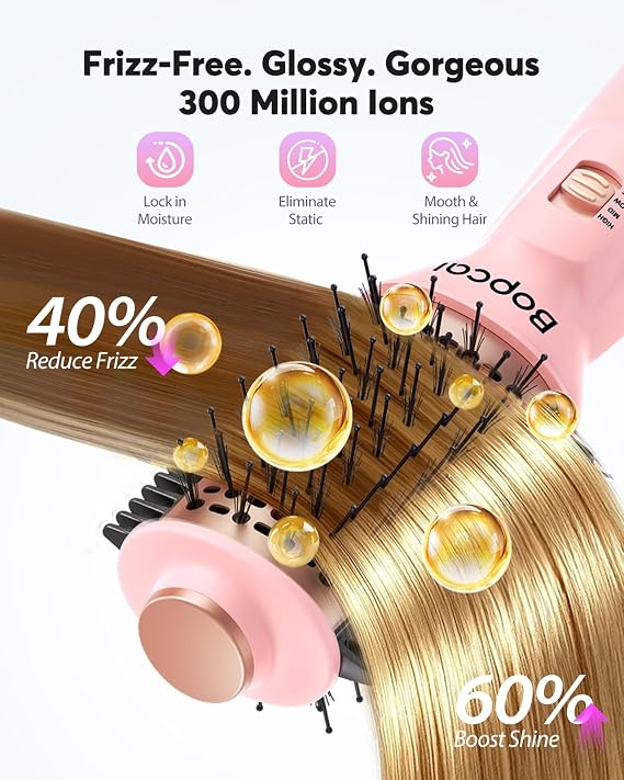 Travel Blow Dryer Brush in one, Dual Voltage 120V-240V Mini Hair Dryer Brush, Portable 2-Inch Hot Air Brush, 4-in-1 Dry, Volumize, Curl & Straighten Styler with EU&UK Plug