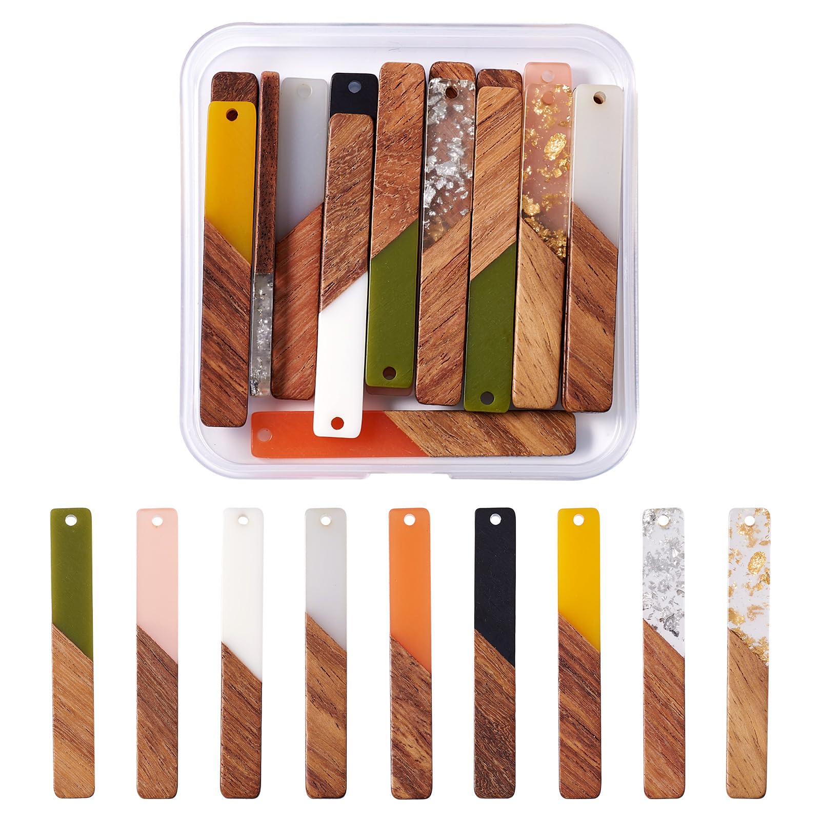 Beadthoven 18pcs Rectangle Resin Wood Charms 2 Styles Vintage Resin Long Wooden Personalized Pendants with Gold/Silver Foil for Jewelry Earrings Making, 9 Colors — image 1