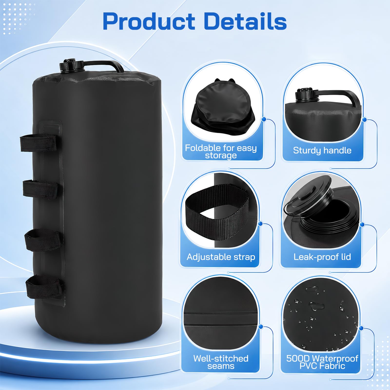 4PCS Pesi per Gazebo, 20L Sacchi di Zavorra ad Acqua in PVC 500D per Tende Zavorre ad Acqua Portatili per Gazebo Pieghevoli con 4 Cinghie Sacchi Sabbia per Gambe Gazebo e Tende Giardino