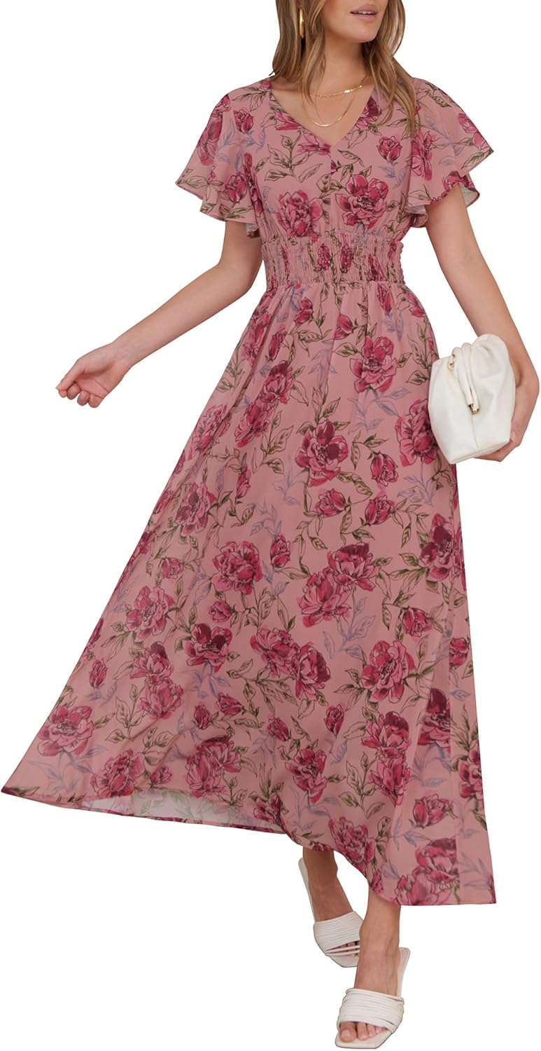 ANRABESS Womens Summer Floral Maxi Dress Casual V Neck Short Sleeve Chiffon Boho Flowy Beach 2025 Wedding Guest Long Dresses