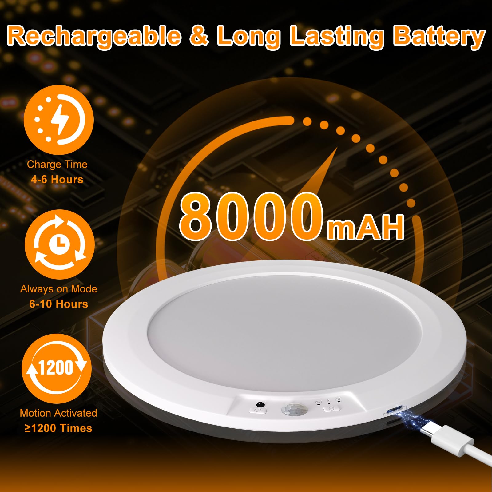 Plafonnier à piles rechargeable avec détecteur de mouvement et télécommande, 5 températures de couleur, plafonnier magnétique sans fil alimenté par piles pour placard, salle de bain, escaliers