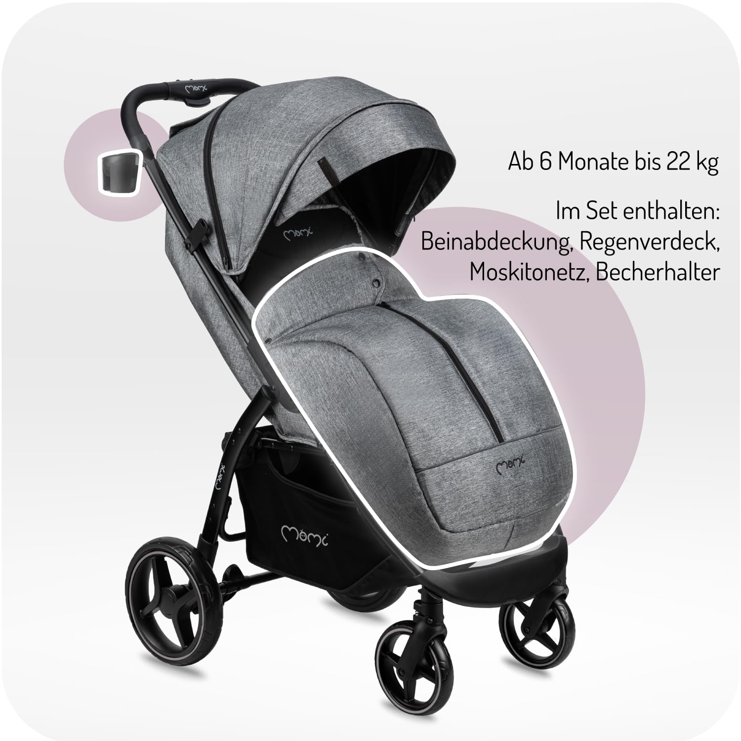 MoMi MIYA EVA Kinder-Buggy Kinderwagen ab 6. Monat bis 22 kg 5-Punkt-Sicherheitsgurt Einkaufskorb Fußsack Getränkehalterung Regenschutz Insektenschutz