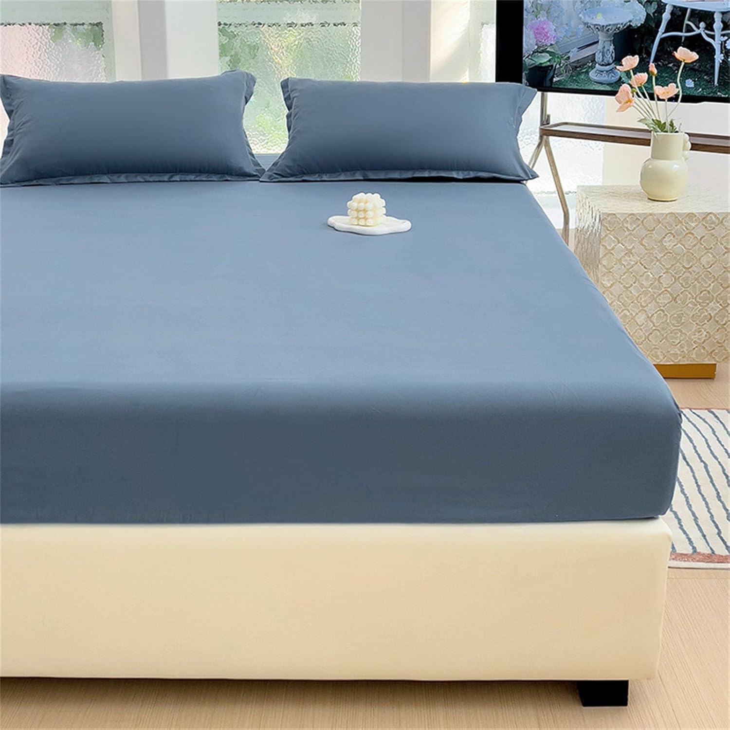 Odot Solid Color Fitted Sheet with Elastic,Multiple Colour Deep Pocket Fitted Sheets Soft Bed Sheets Fade Resistant Fitted Bed Sheet for Single Double King Size (180x220cm,Dark Blue)