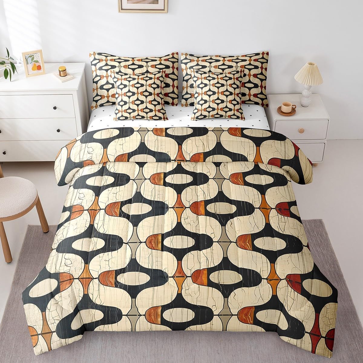 Erosebridal Modern Geometric Stripes Comforter Set 7 Piece Bed in A Bag Queen,Black Beige and Brown Bedding Sets Western Abstract Art Sheet Set with Comforter Vintage Mid-Century Style Bed Set