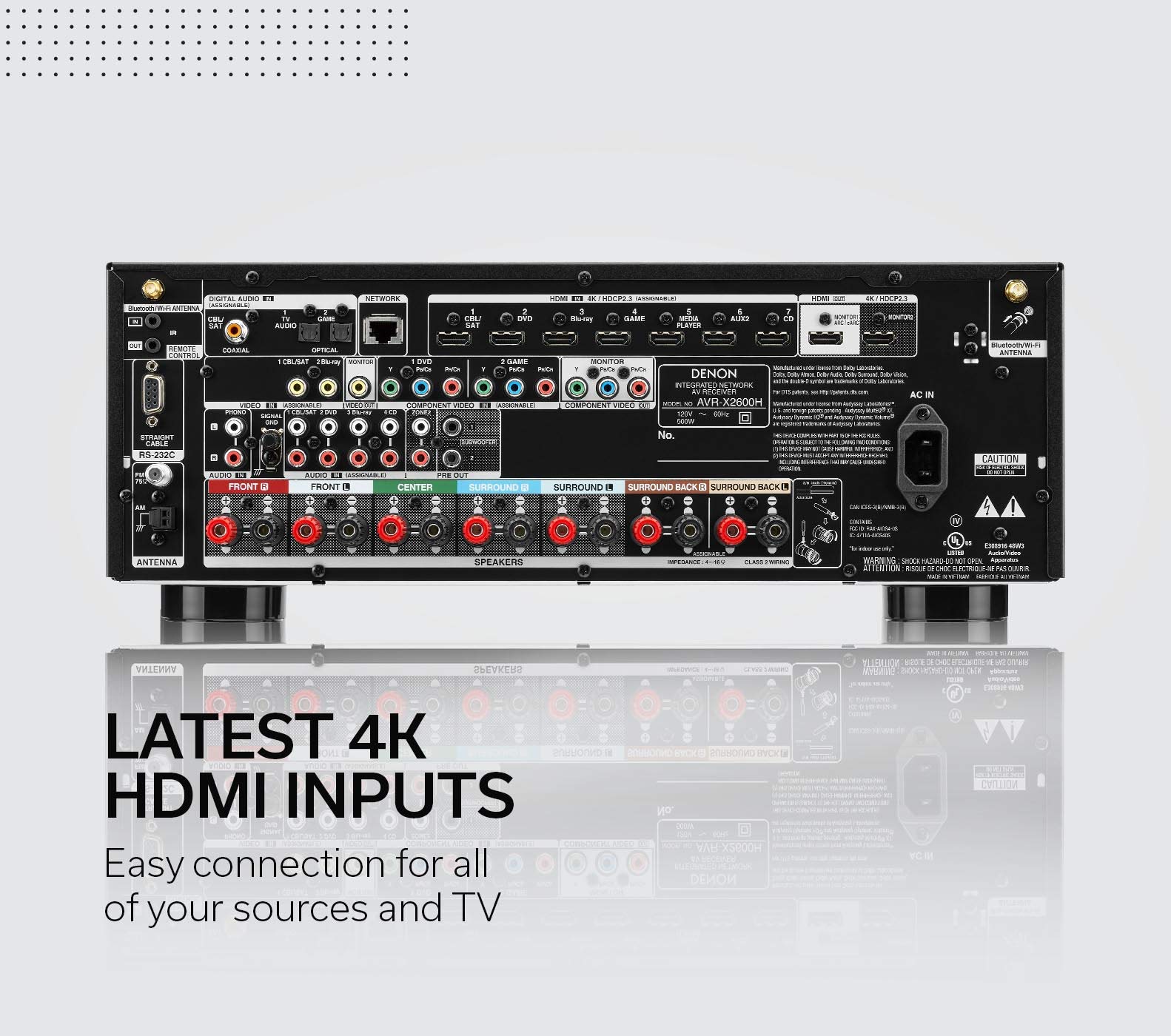 Denon AVRX2600H 4K UHD AV Receiver 2019 Model 7.2 Channel, 95W