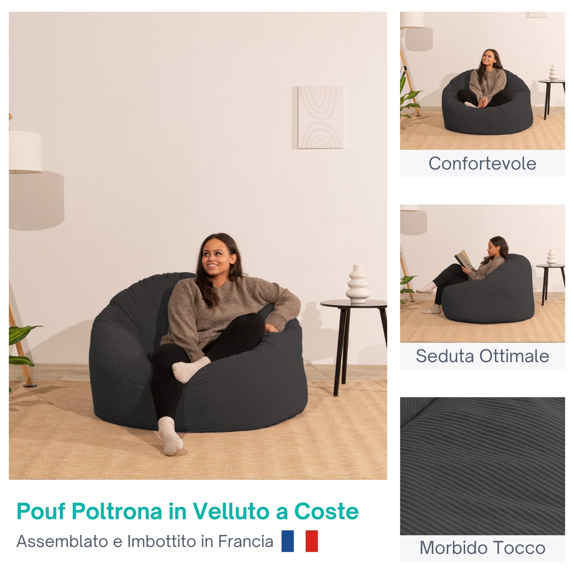 bananair - Pouf Poltrona Sacco in Velluto a Coste Larghe - Morbido e Confortevole - Imbottitura in Schiuma, Ottimo Supporto per la Schiena - Pouf Divano Gigante (100 cm, Grigio Scuro)