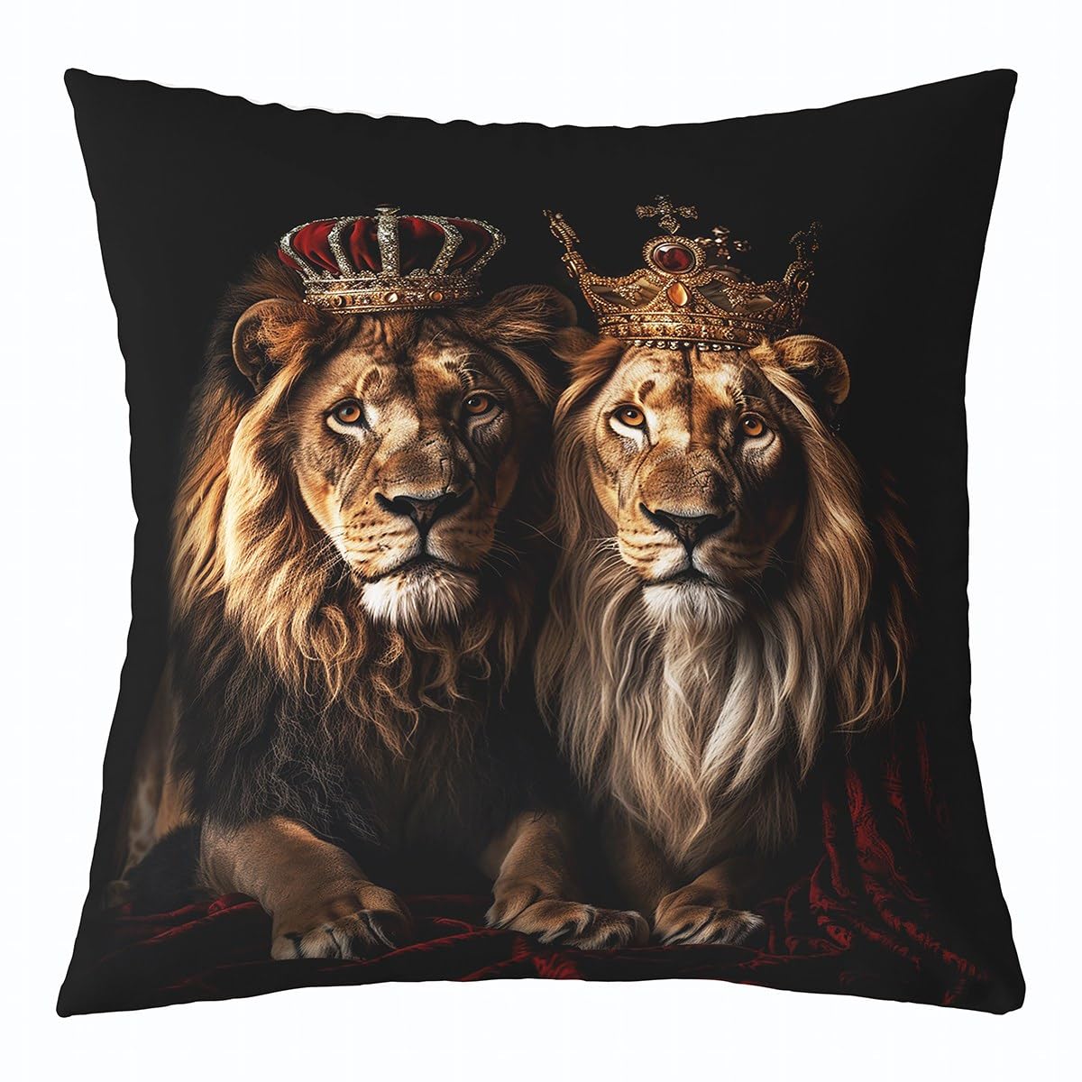 Richhome Multi 08 3D Lion Printed Throw Pillow Cover 16X16 Inch Brown Abstract Jungle Wildlife Cushion Cover For Kids Teens Adults Red Golden Crown Animals Decor Cushion Case For Couch Bedroom