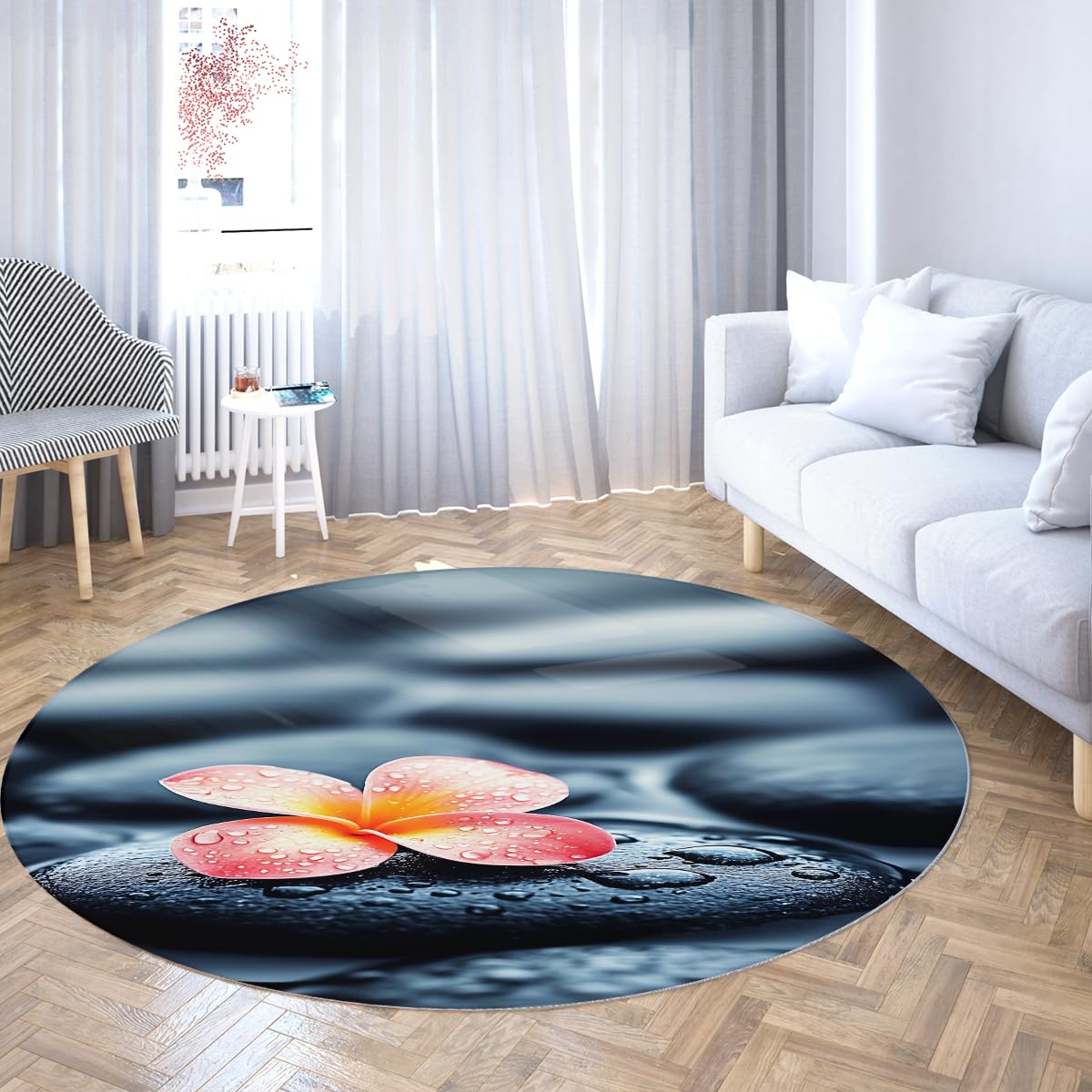 Tapis Floraux de Jardin Plumes Rondes Pierres en Forme de rosée et imprimé Frangipani Rouge Moquette Poil Bas et Confortable Facile Nettoyer pour la méditation décoration du Salon 100cm