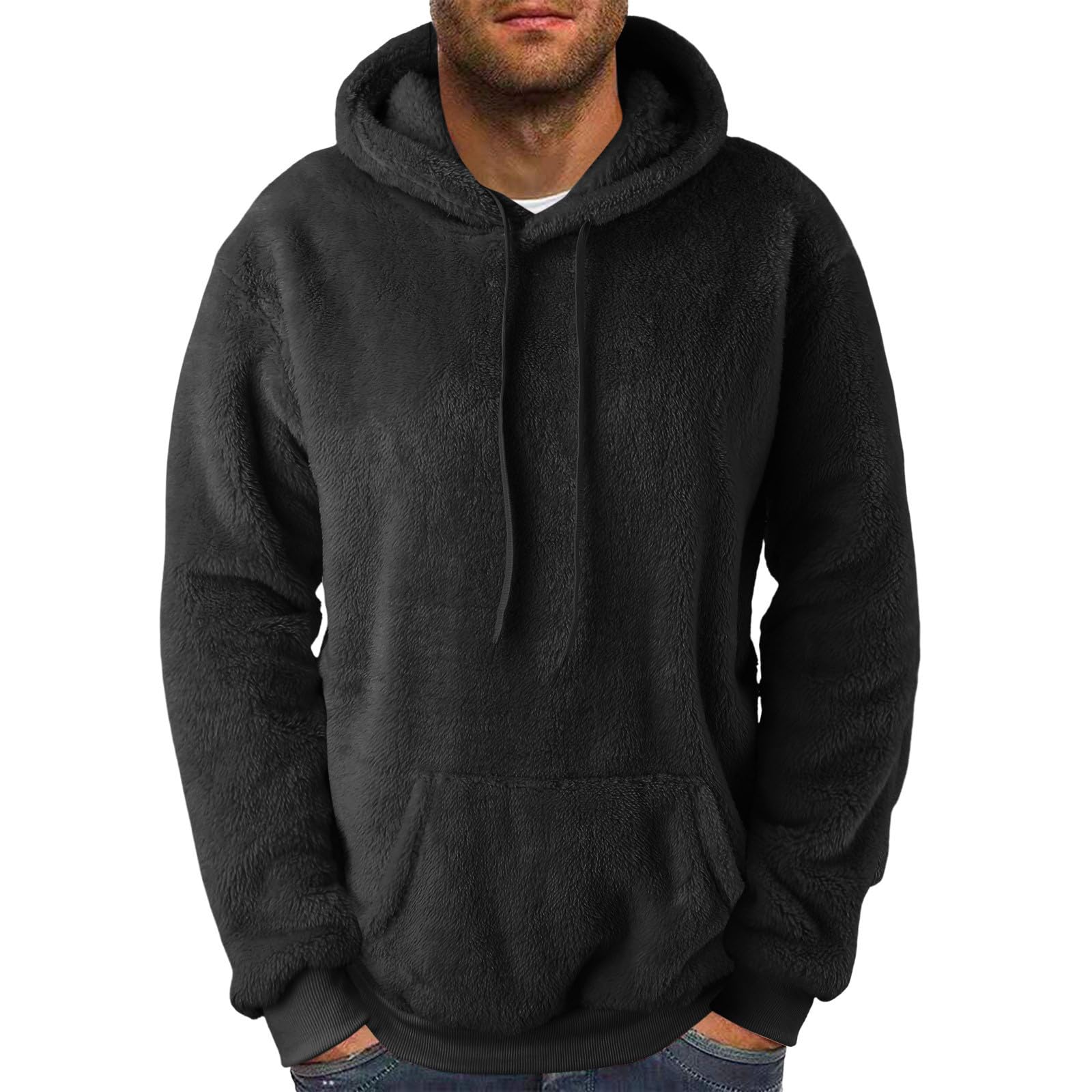 AMhomely Mens Teddy Fleece Hoodies Plus Size Drawstring Pullover Tops  Shirts Long Sleeve Winter Thermal Sweatshirts Fluffy Fleece Casual Jumpers  Solid