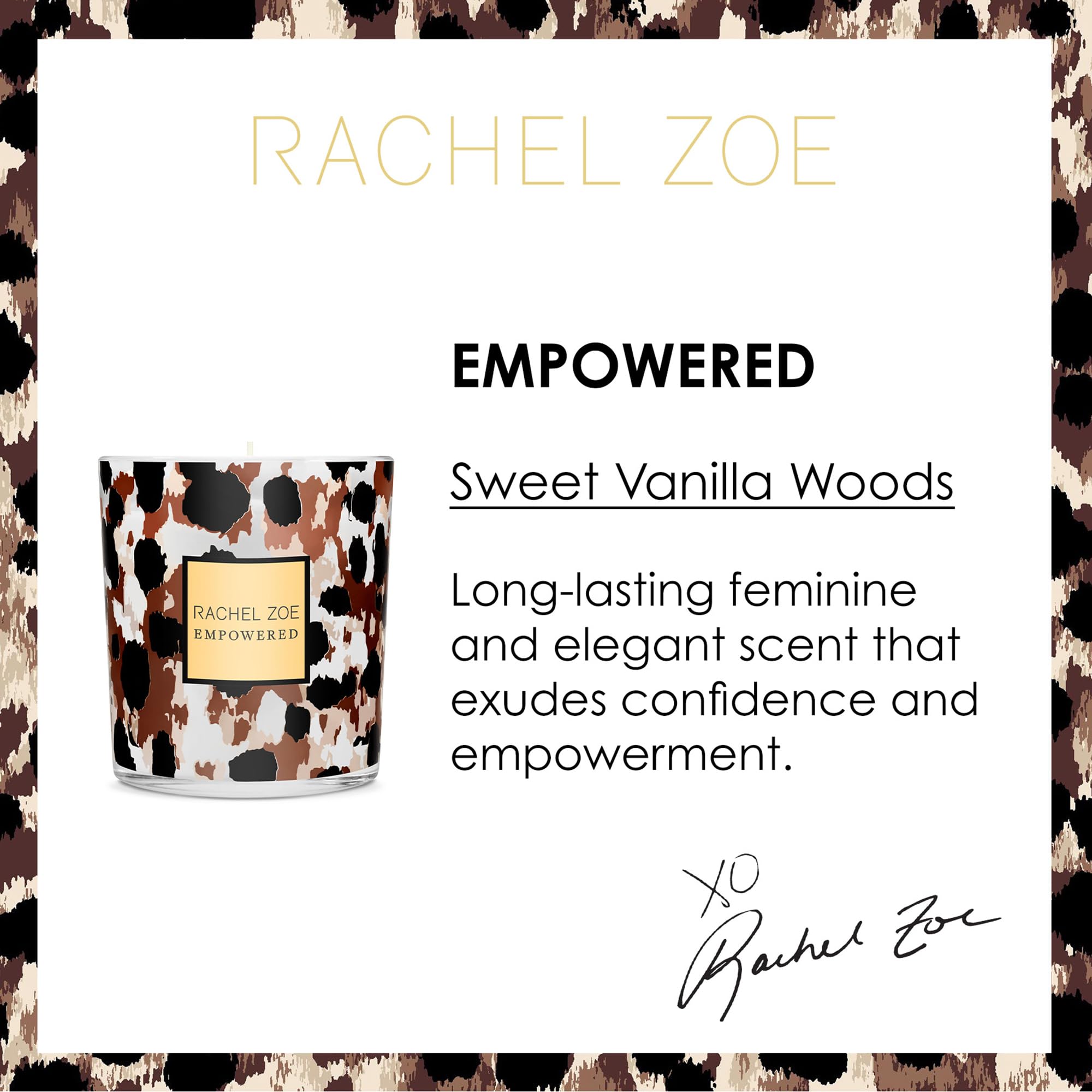 Rachel Zoe Empowered Duftkerze – Noten von Jasmin, Kokosnuss und Moschus – enthält Paraffin-Sojawachs, Baumwolldocht und Parfümöl – Leoparden-bedrucktes Glas – langanhaltender Blumenduft – 178 g