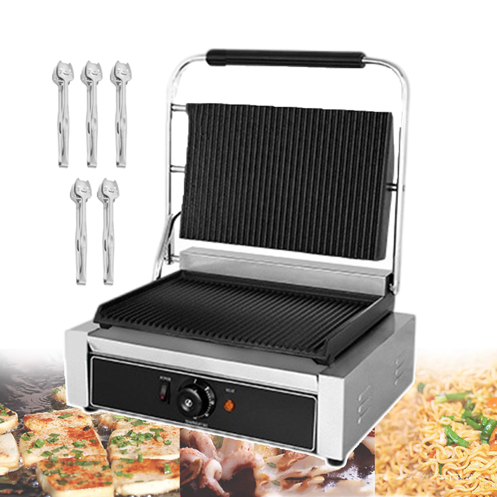 Elektryczny Toster Deep Fill Toastie Maker 50~300℃, Komercyjny Toster Do Kanapek, Nieprzywierająca Płyta Grillowa, Stal Nierdzewna I Rowkowana Konstrukcja(Z 5 Szczypcami Do Grilla),1800W