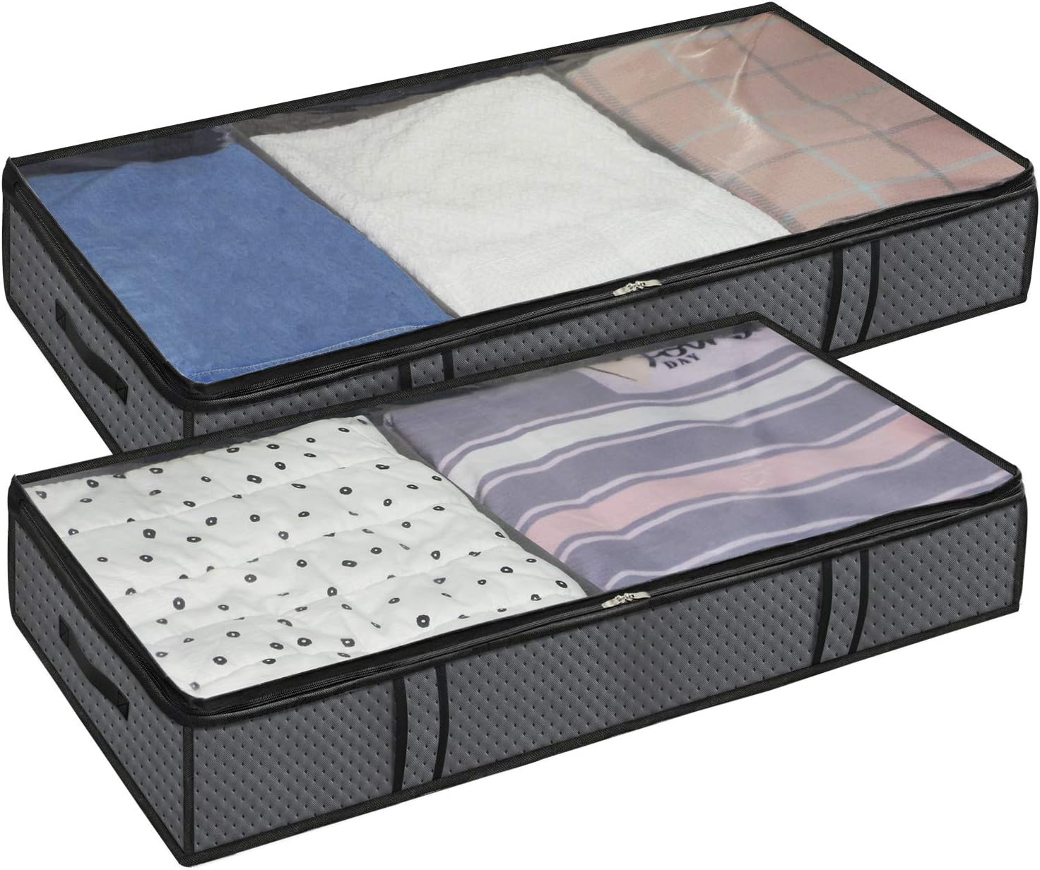 Onlyeasy Breathable Under Bed Shoe Organizer Set of 2, Foldable Underbed Shoes Closet Storage for Clothing Blanket Sheets with Clear Window & Zipper Closure, 35.4"x16.5"x5.9", Dark Grey, MN3GUBS3P2