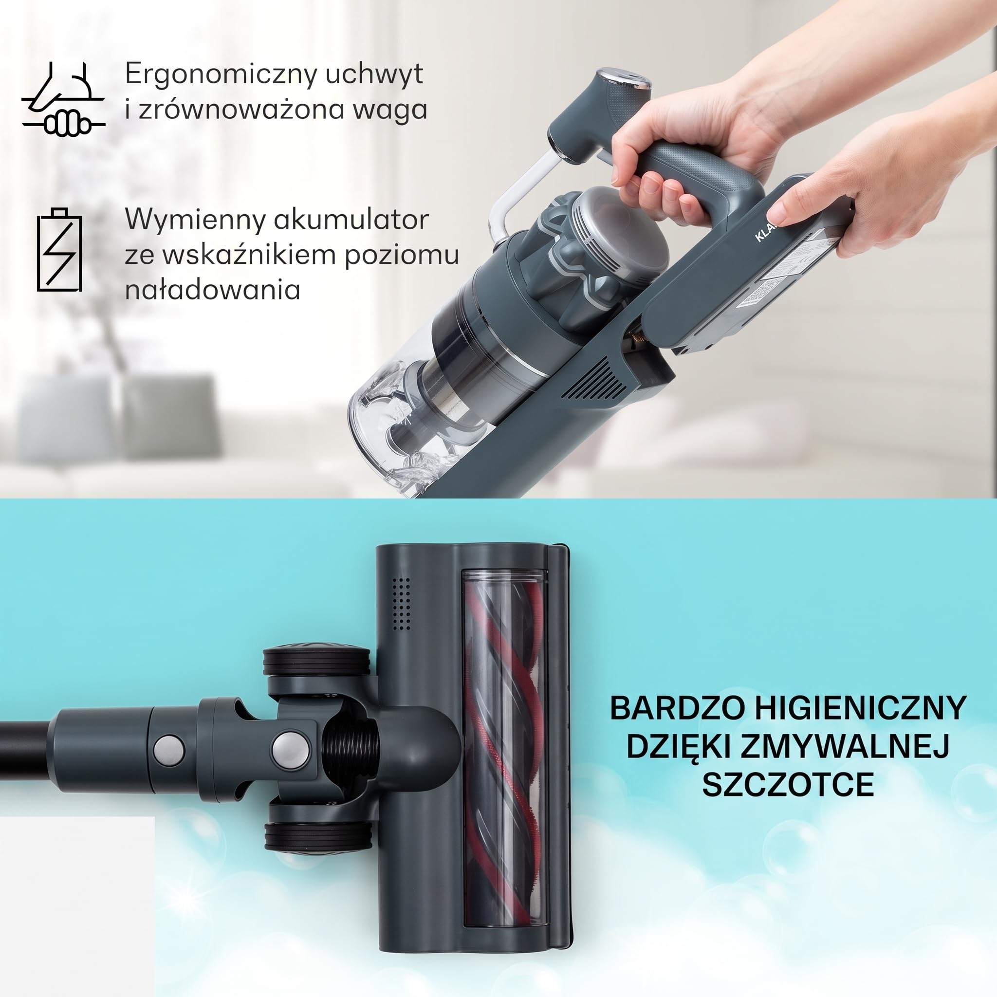 Klarstein Odkurzacz akumulatorowy bezworkowy, Odkurzacz bezprzewodowy z 4-stopniowym filtrem E12 EPA, Odkurzacz na sierść zwierząt, dywan i twardą podłogę, Odkurzacz pionowy bez worka z ssawką 180°