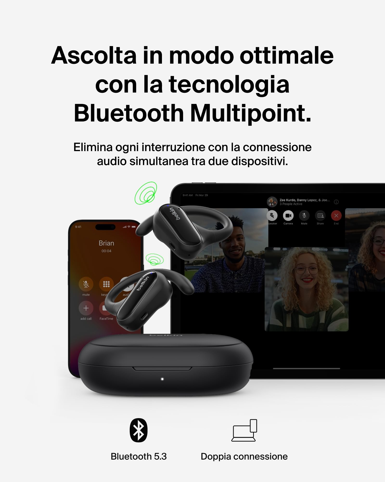Belkin SoundForm ClearFit Auricolari Wireless Open-Ear Sportivi e Leggeri, Auricolari Bluetooth Resistenti all'Acqua (IPX5), Cuffie Wireless per Escursionismo, Ciclismo, Corsa e Altro, Nero