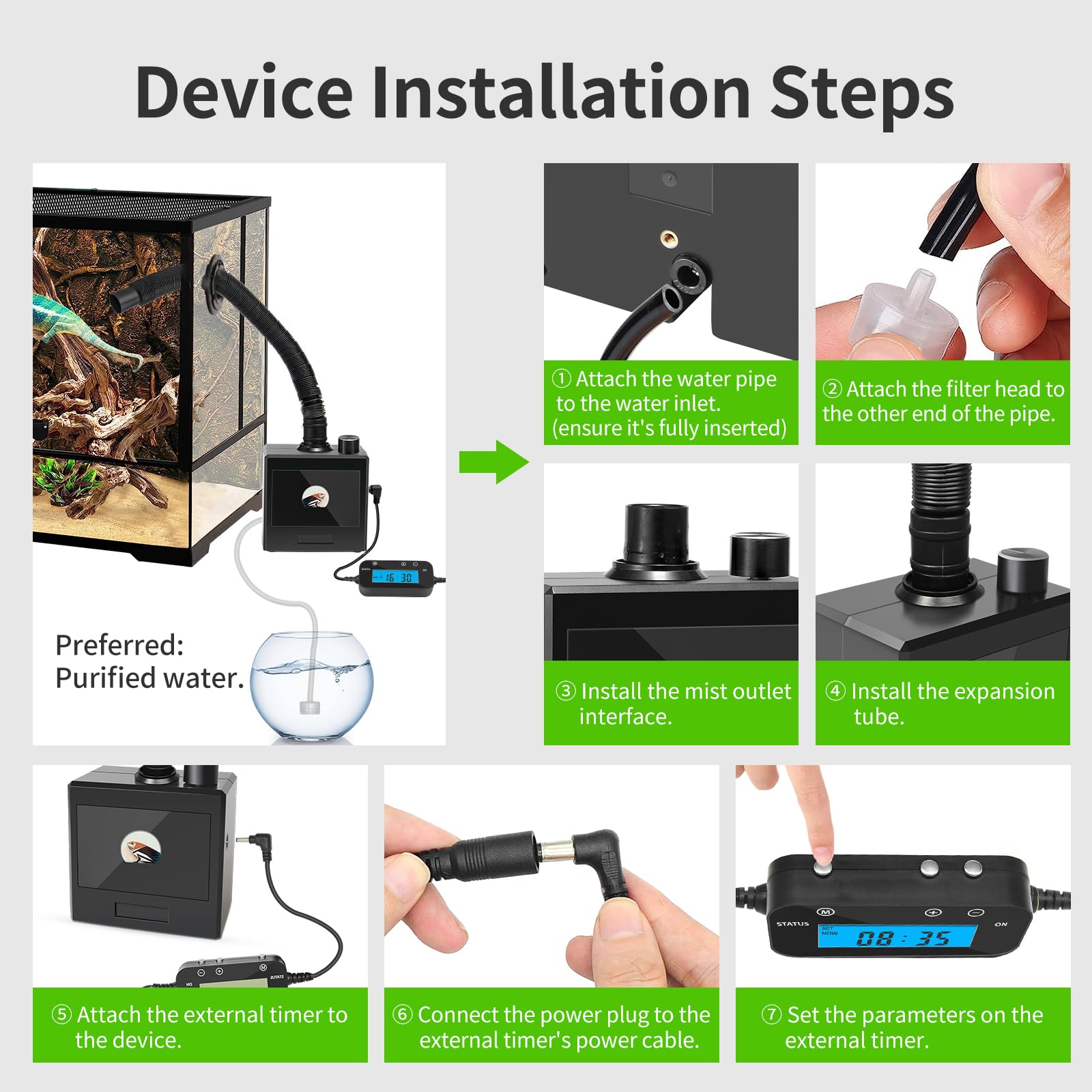 Umidificatore per rettili per terrari in vetro, sistema di nebulizzazione automatica con timer, adatto per rettili/anfibi/tende da coltivazione